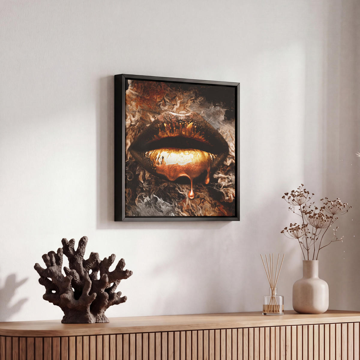 LEINWAND Bilder mit Rahmen - Gold - Lippen - Kunst - Gold - Luxus - Abstrakt - 20x20 - Kupferfarben, Textil (20/20cm) - MuchoWow
