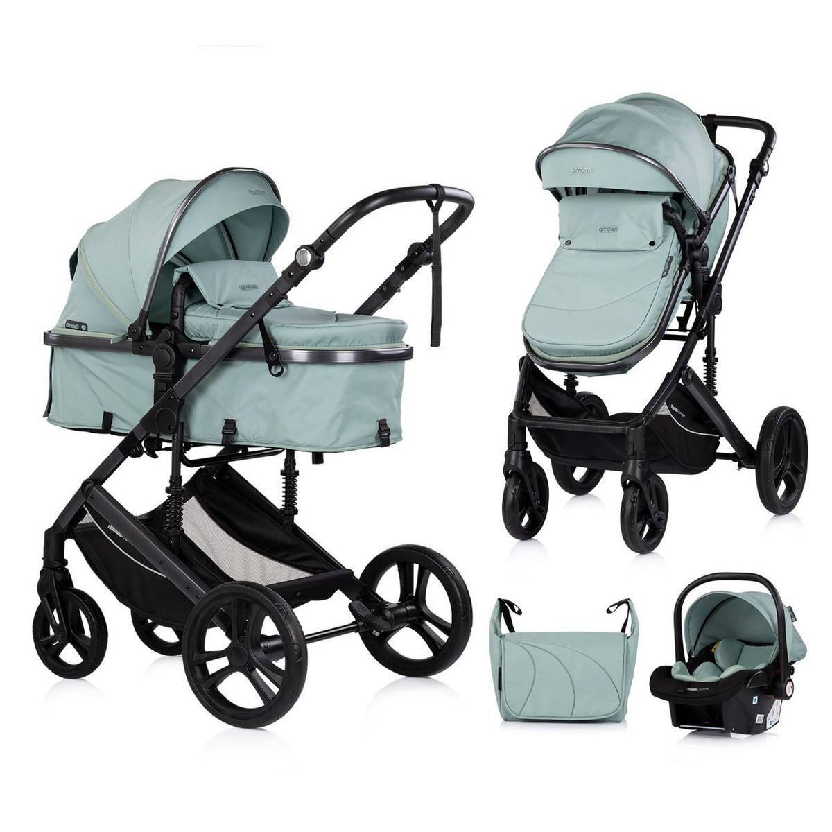 KOMBIKINDERWAGEN Amore 3 in 1 türkis Babyschale Adapter Wickeltasche Fußabdeckung - Türkis, Metall (95/63/105cm) - Chipolino