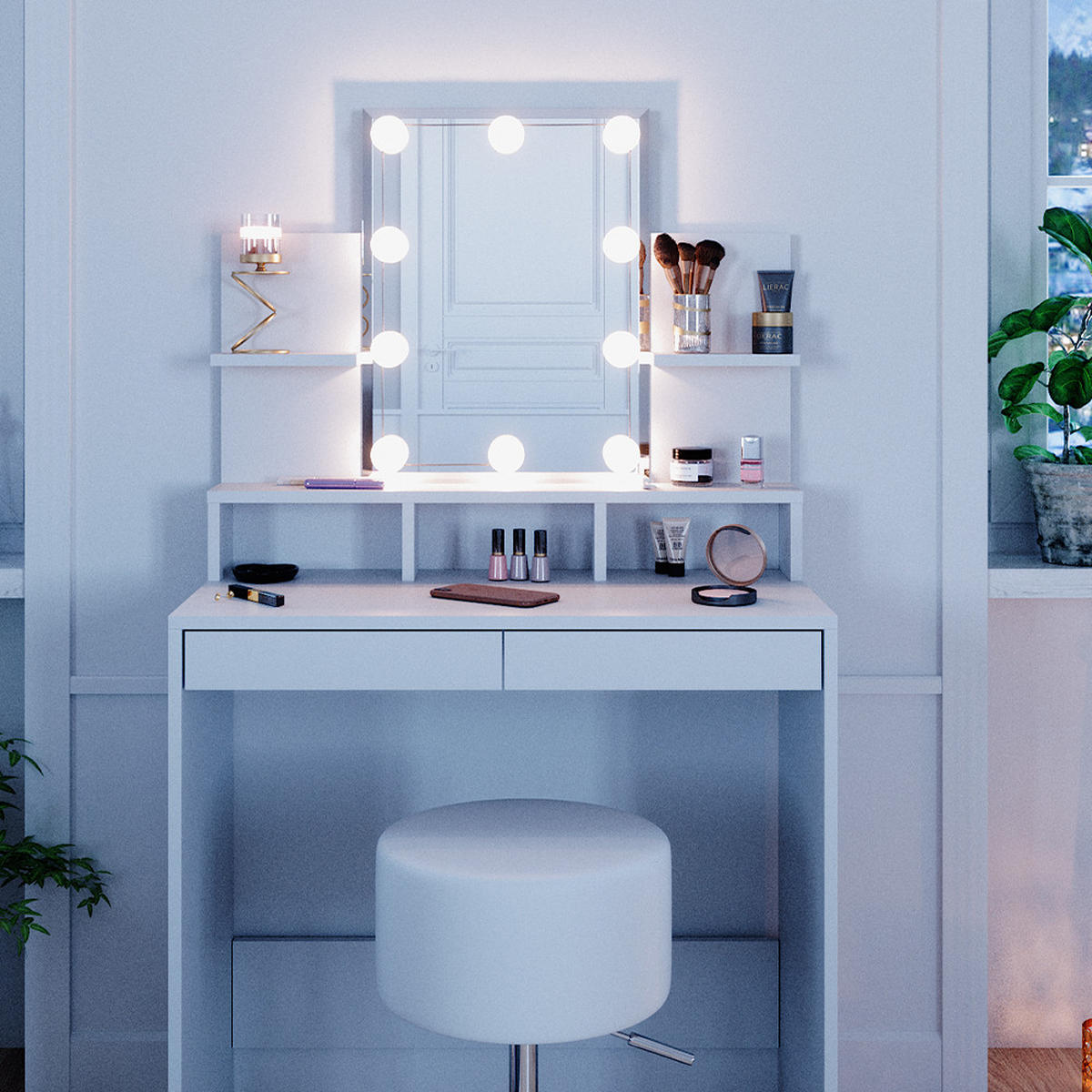 SCHMINKTISCH Ania Weiß 80 cm mit LED Beleuchtung und Hocker - Weiß, Holzwerkstoff (80/139.6/40cm) - Vicco