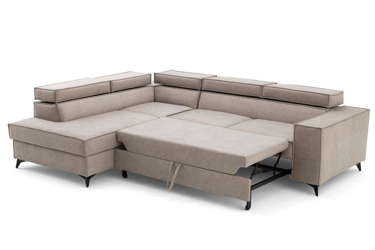 ECKSOFA PURE L Links mit Schlaffunktion 127x199 Velours Creme - Creme/Schwarz, Holz/Textil (281/204cm) - Muffo