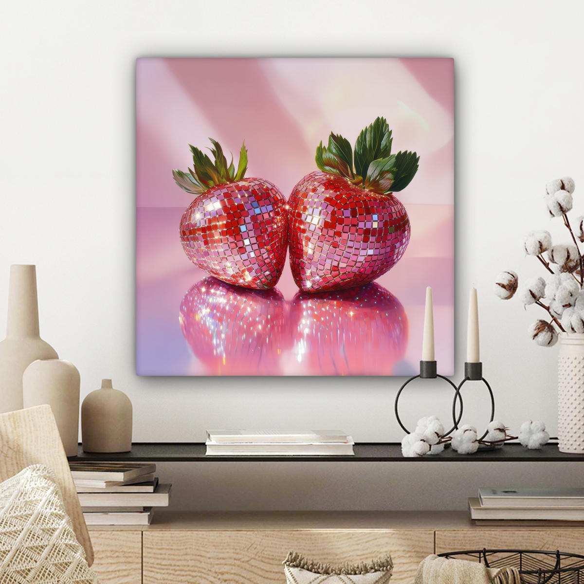 LEINWANDBILD Disco - Obst - Glitzer - Erdbeere 50x50 cm - Pink, Textil (50/50cm) - MuchoWow