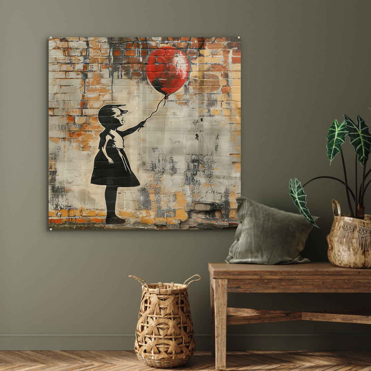 ACRYLGLASBILD Graffiti - Banksy - Mädchen - Straßenkunst 90x90 cm - Sandfarben, Glas (90/90cm) - MuchoWow