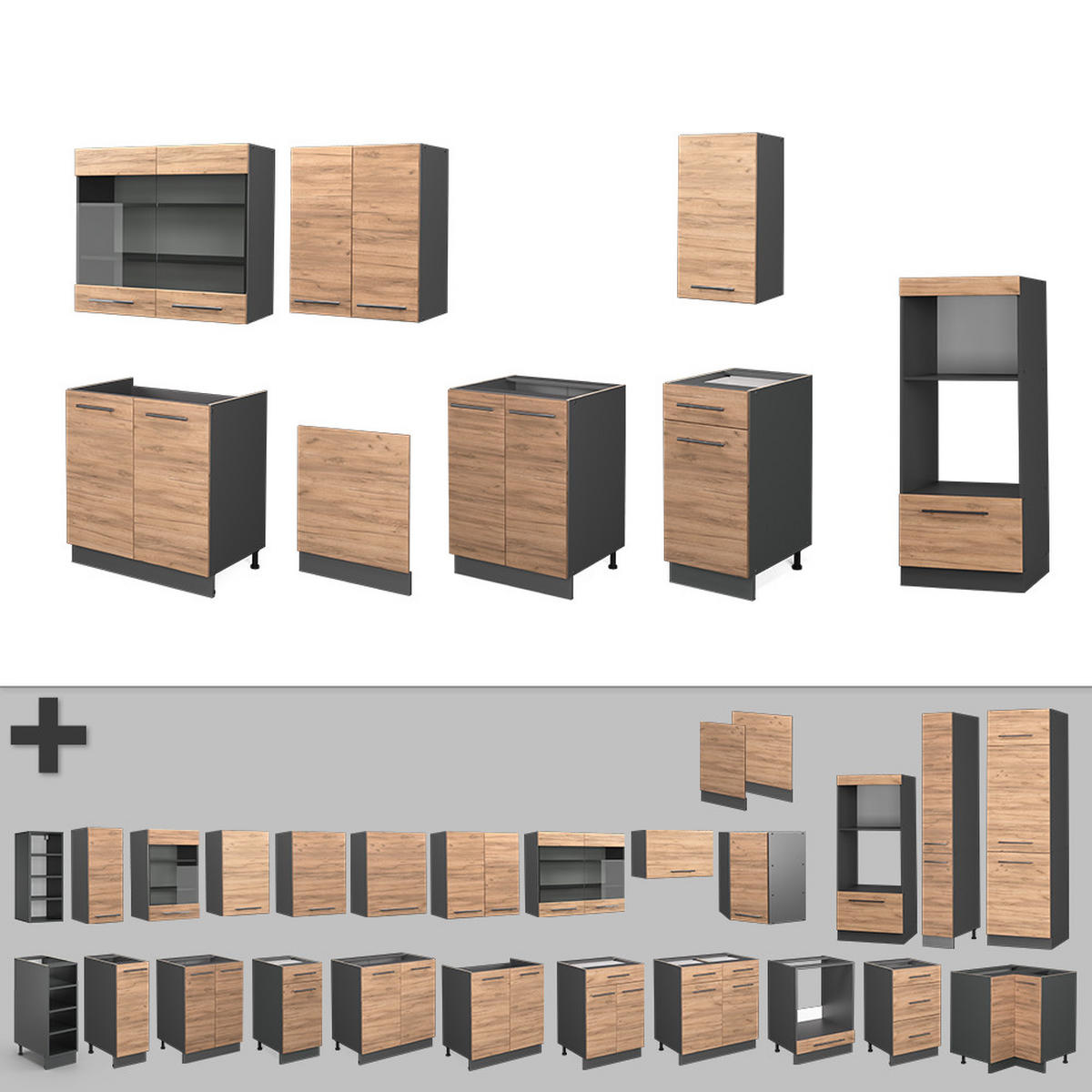 KÜCHENZEILE Fame-Line Goldkraft Eiche/Anthrazit 300 cm mit Hochschrank AP Eiche - Anthrazit/Eiche Wotan, Holzwerkstoff (300/81.6/60cm) - Vicco
