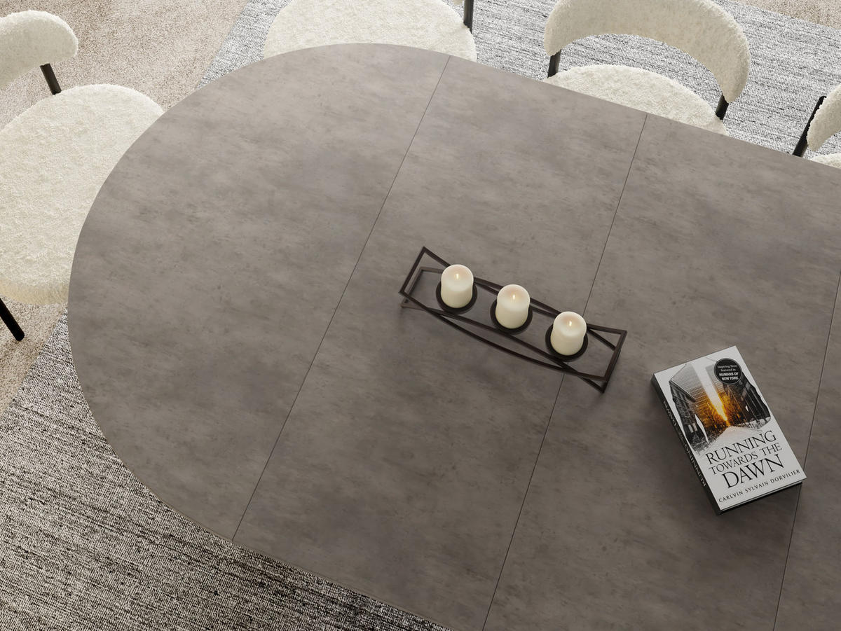 ESSTISCH Naro rund ausziehbar mit Weißem Lamellen-Metallgestell, Beton-Optik Dunkelgrau 120-200/120/76 cm - Dunkelgrau/Weiß, Holzwerkstoff/Metall (120/120/76cm) - WFL GROUP