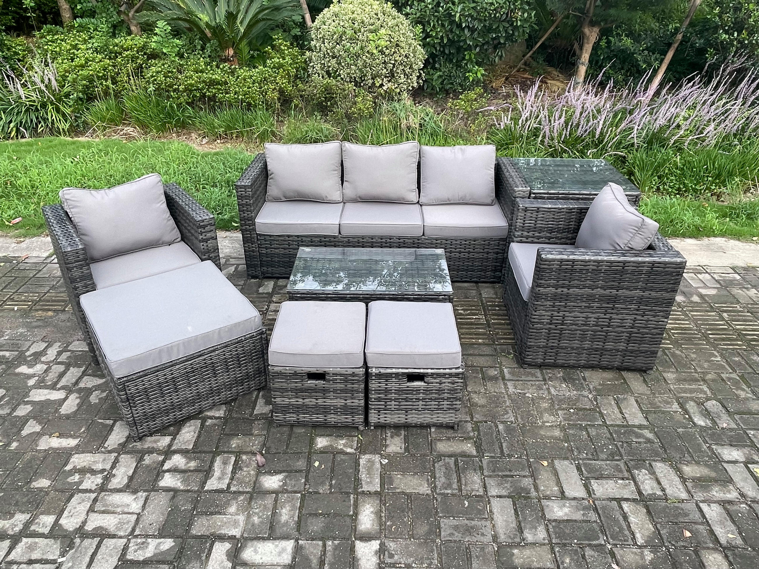GARTENSOFA SET Polyrattan Dunkelgrau 8-Sitzer - Dunkelgrau, Metall - Fimous