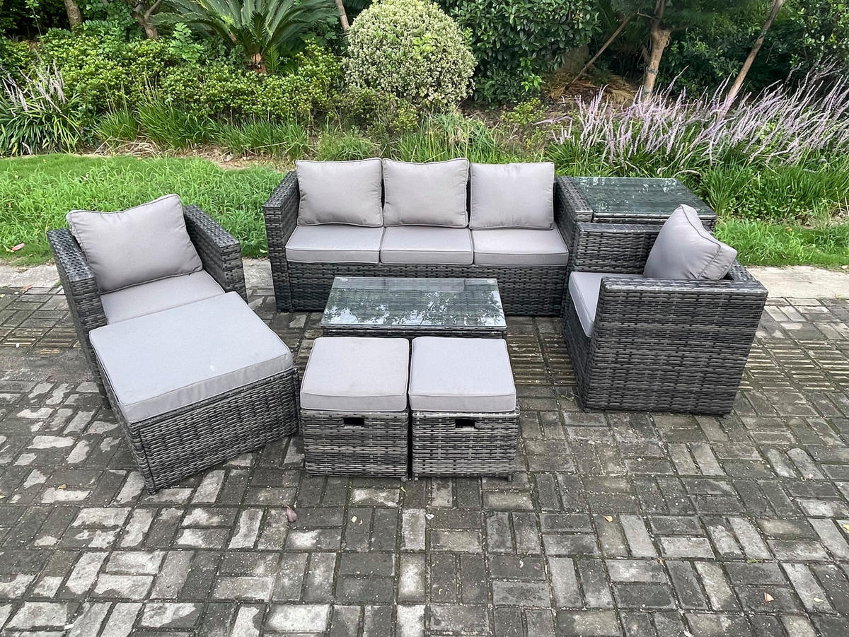 GARTENSOFA SET Polyrattan Dunkelgrau 8-Sitzer - Dunkelgrau, Metall - Fimous