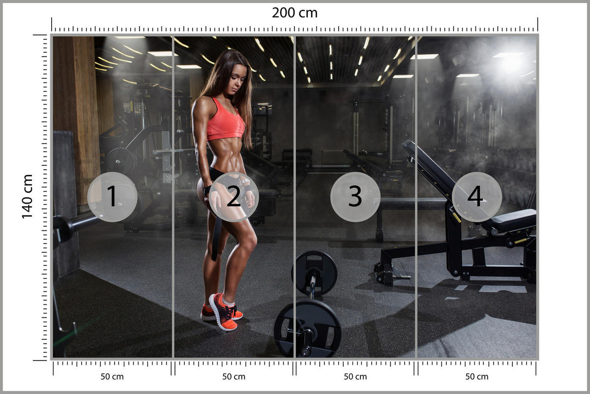 FOTOTAPETE Fit Frau Gym Langhantel Kraft Sport Fitnessstudio 200x140 - Schwarz/Braun, Papier (200/140cm) - Muralo