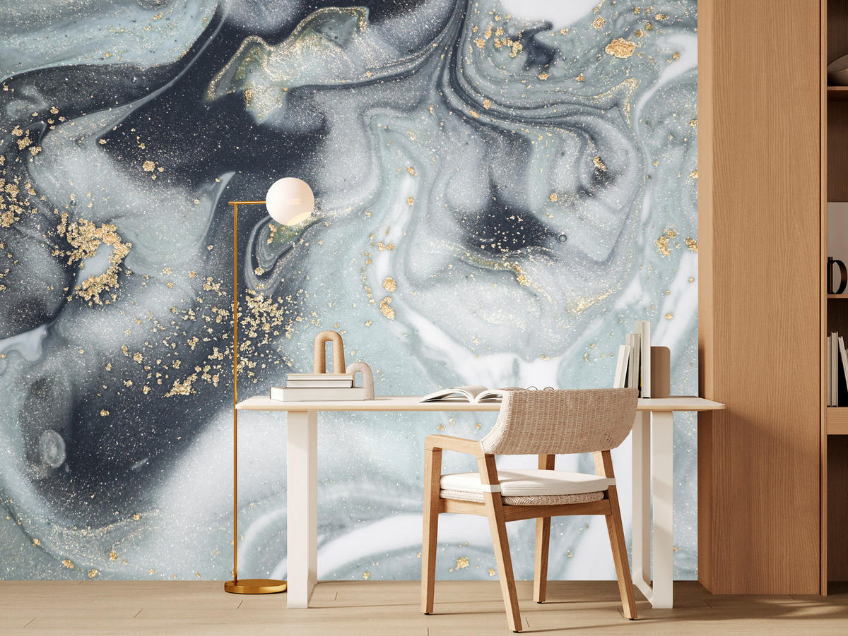 FOTOTAPETE für Badezimmer Luxus Grauer Marmor Muster Goldene Verzierungen 350x256 - Gelb/Weiß, Papier (350/256cm) - Muralo
