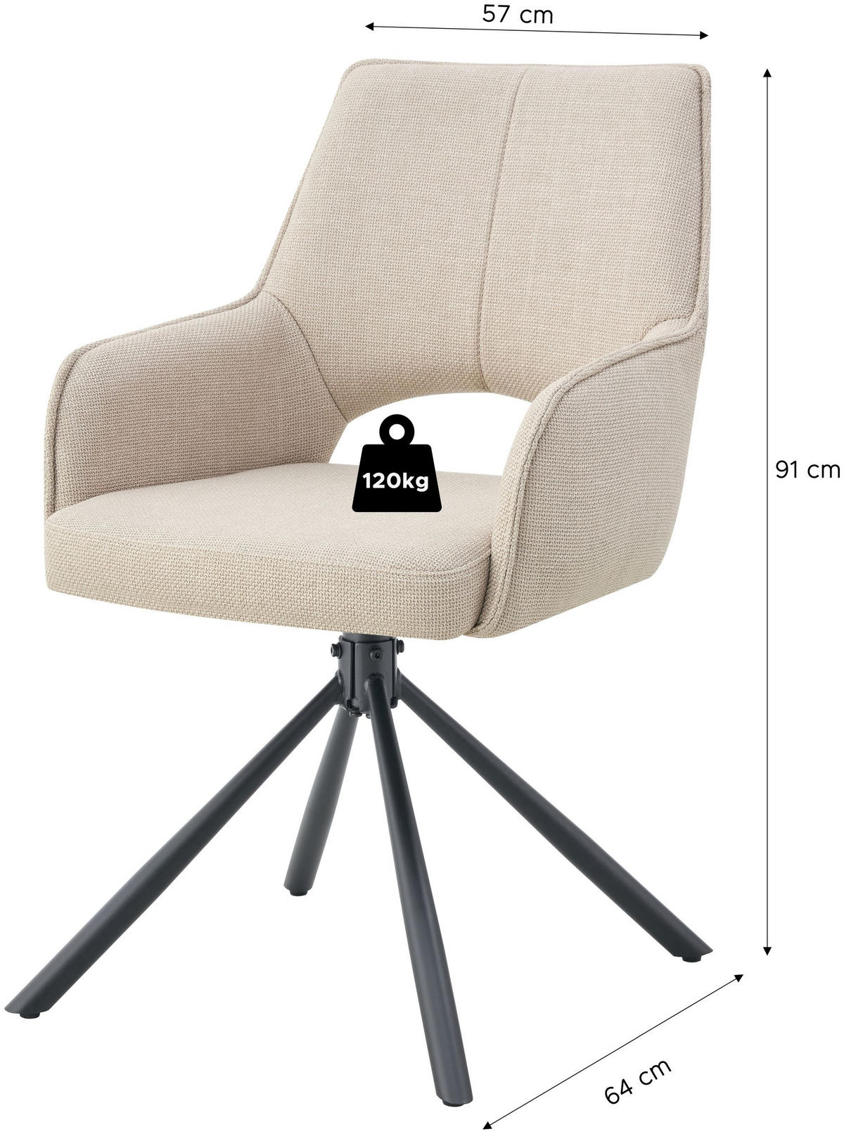 DREHSTUHL Jana creme 2er Set - Creme/Schwarz, Textil/Metall (57/91/64cm) - Xonox