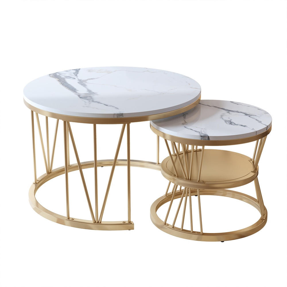COUCHTISCH 2er-Set - Runder Couchtisch in Marmoroptik mit V-Metallgestell - Weiß und Gold - Goldfarben, Holzwerkstoff (70/70/45cm) - DELFA