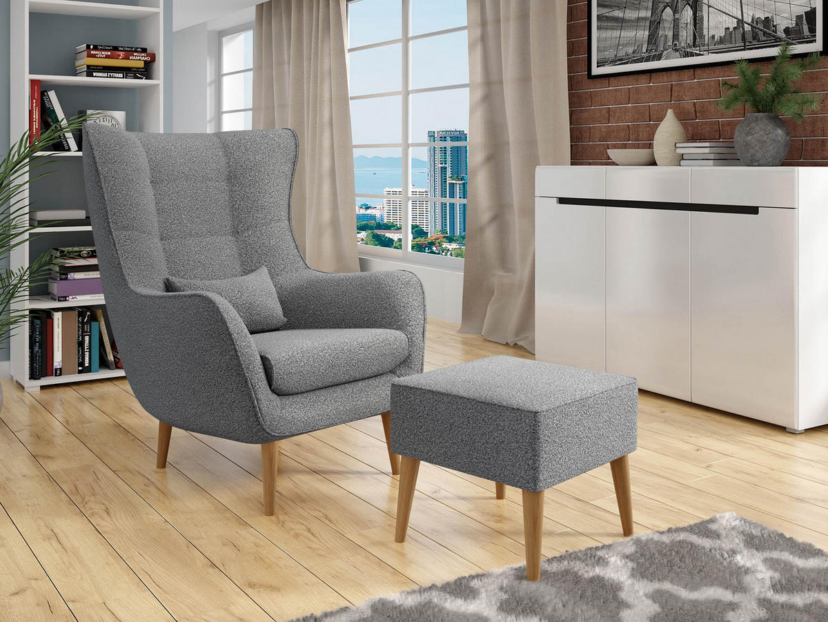 SESSEL Estjano Boucle mit Fußbank - Beige/Grau, Holz/Textil (80/106/95cm) - MIRJAN24