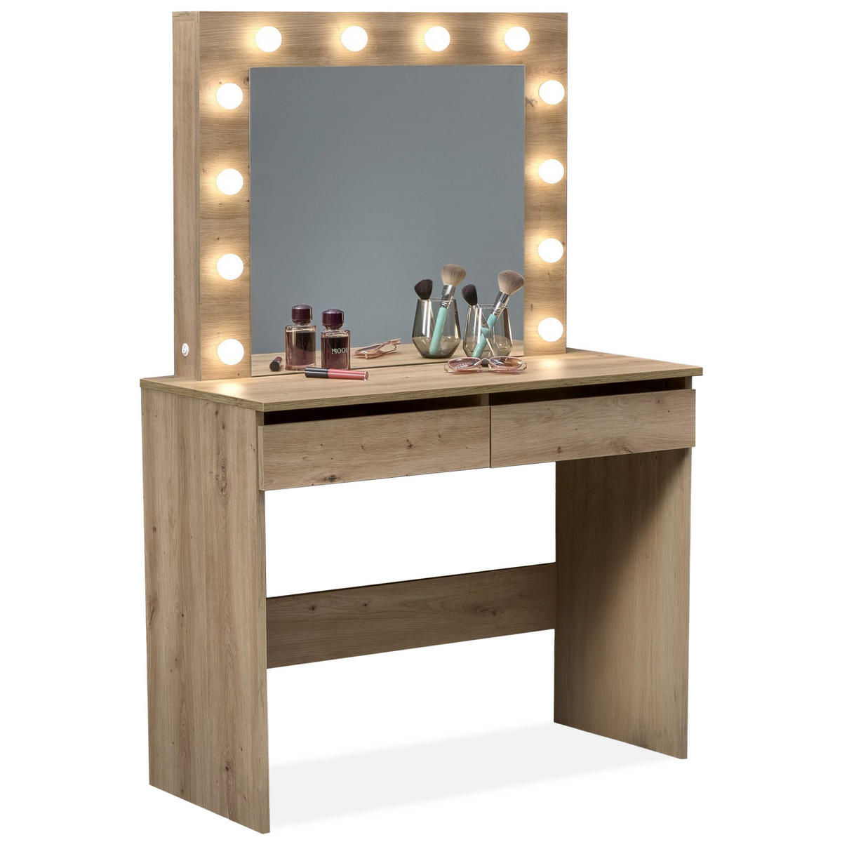 SCHMINKTISCH FABIOSO Eiche, mit Spiegel und Beleuchtung - Eichefarben, Glas/Holz (94/140/43cm) - KONSIMO®
