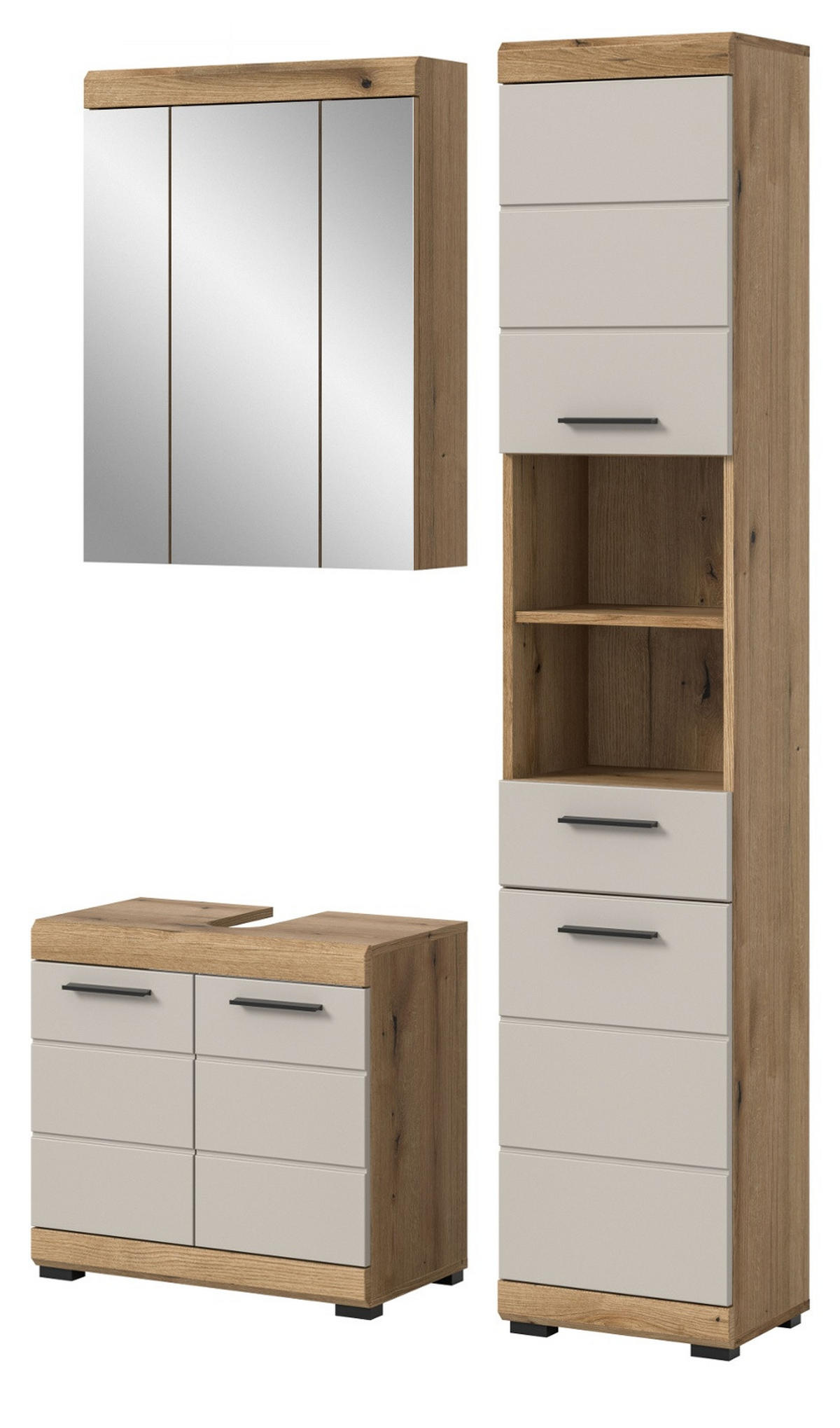 BADMÖBEL Set 3-teilig in Sand Kashmir und Evoke Eiche Badkombination 112 x 191 cm Shawn - Kaschmir/Eichefarben, Glas/Holzwerkstoff (112/191/34cm) - Inn.Furn