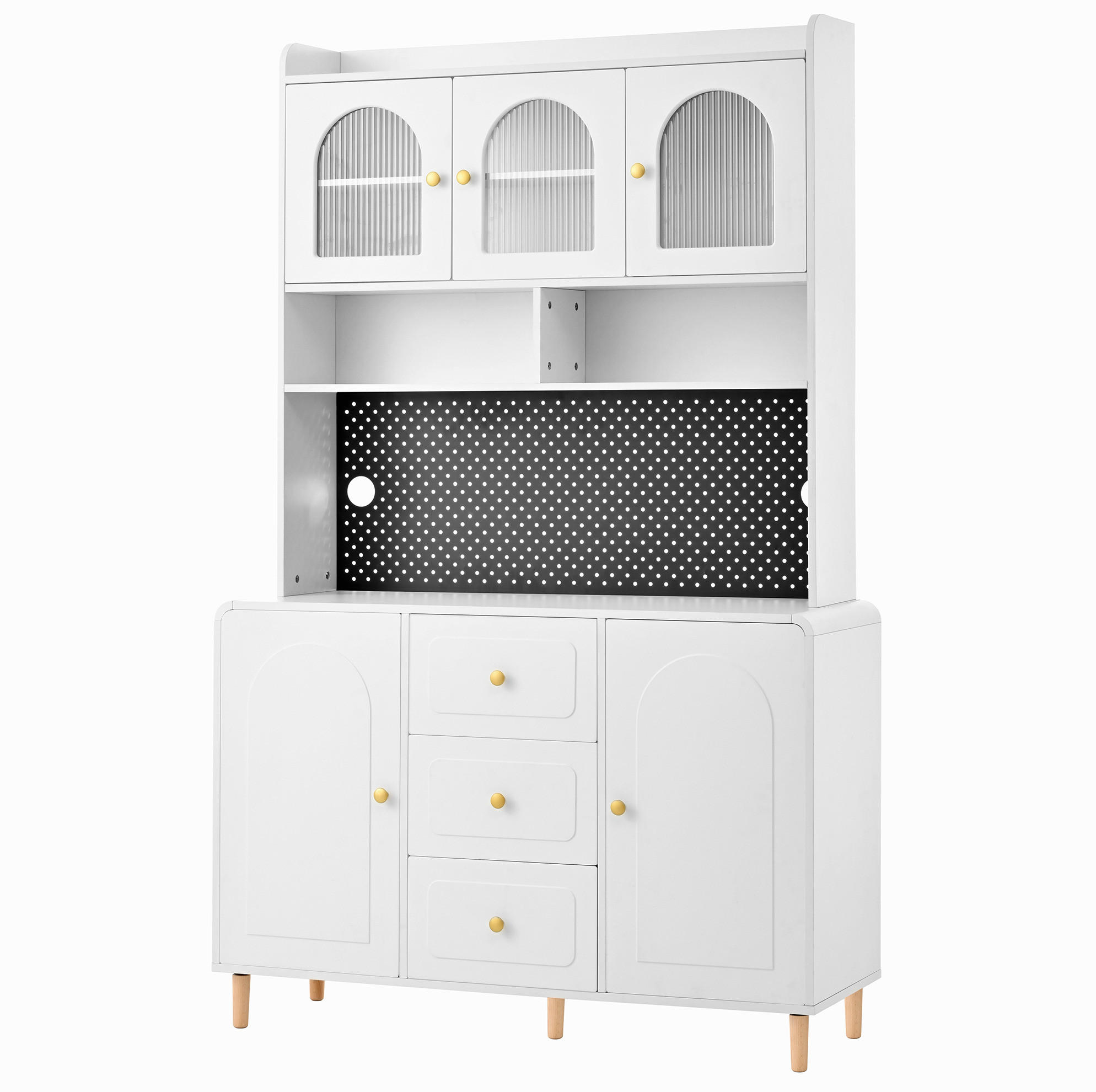 BUFFET 120x40x190 cm Weiß mit Fluted Glas & Lochplatte - Weiß, Holzwerkstoff (120/190/40cm) - Modfu