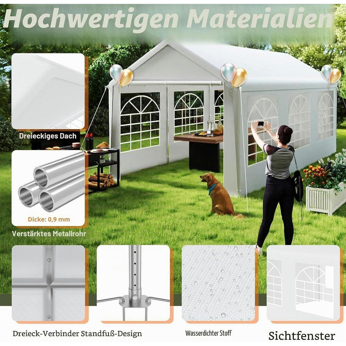 GARTENZELT 3 x 6 m Weiß mit 4 Seitenwänden - Weiß, Textil (300/280/600cm)