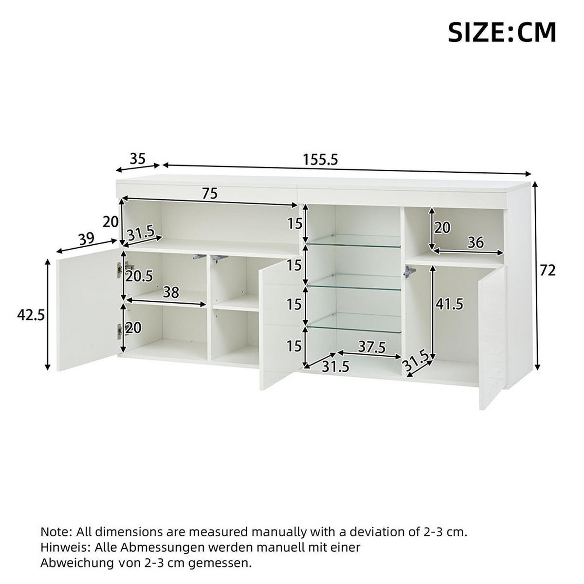 SIDEBOARD mit LED in 155.5 x 35 x 72 cm,Weiß - Weiß, Holzwerkstoff (35/72/155.5cm) - KOMHTOM