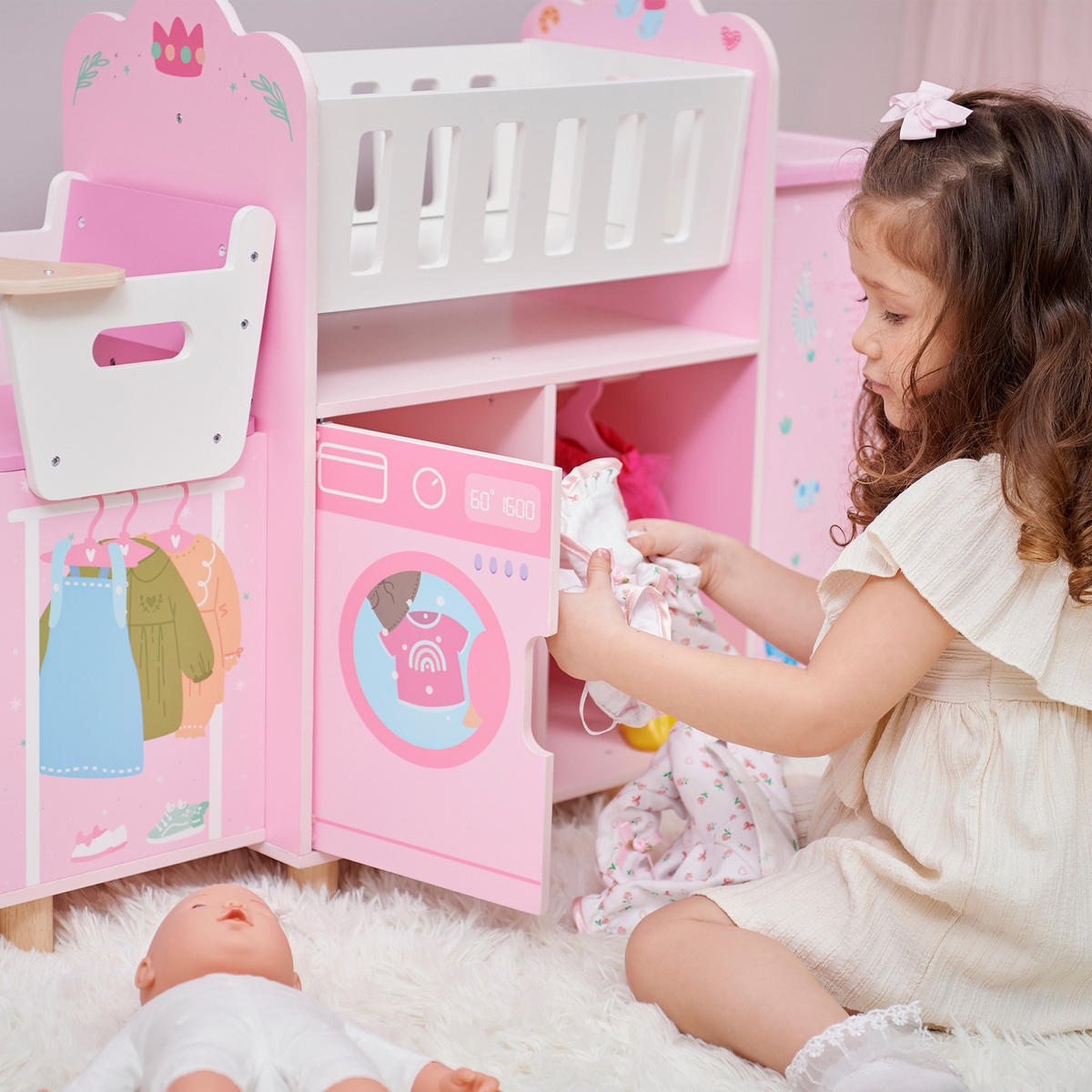 NURERY 6-in-1 Puppen mit Wiege, 63cm, Rosa - Pink, Holzwerkstoff (28/63/93cm) - Teamson Kids