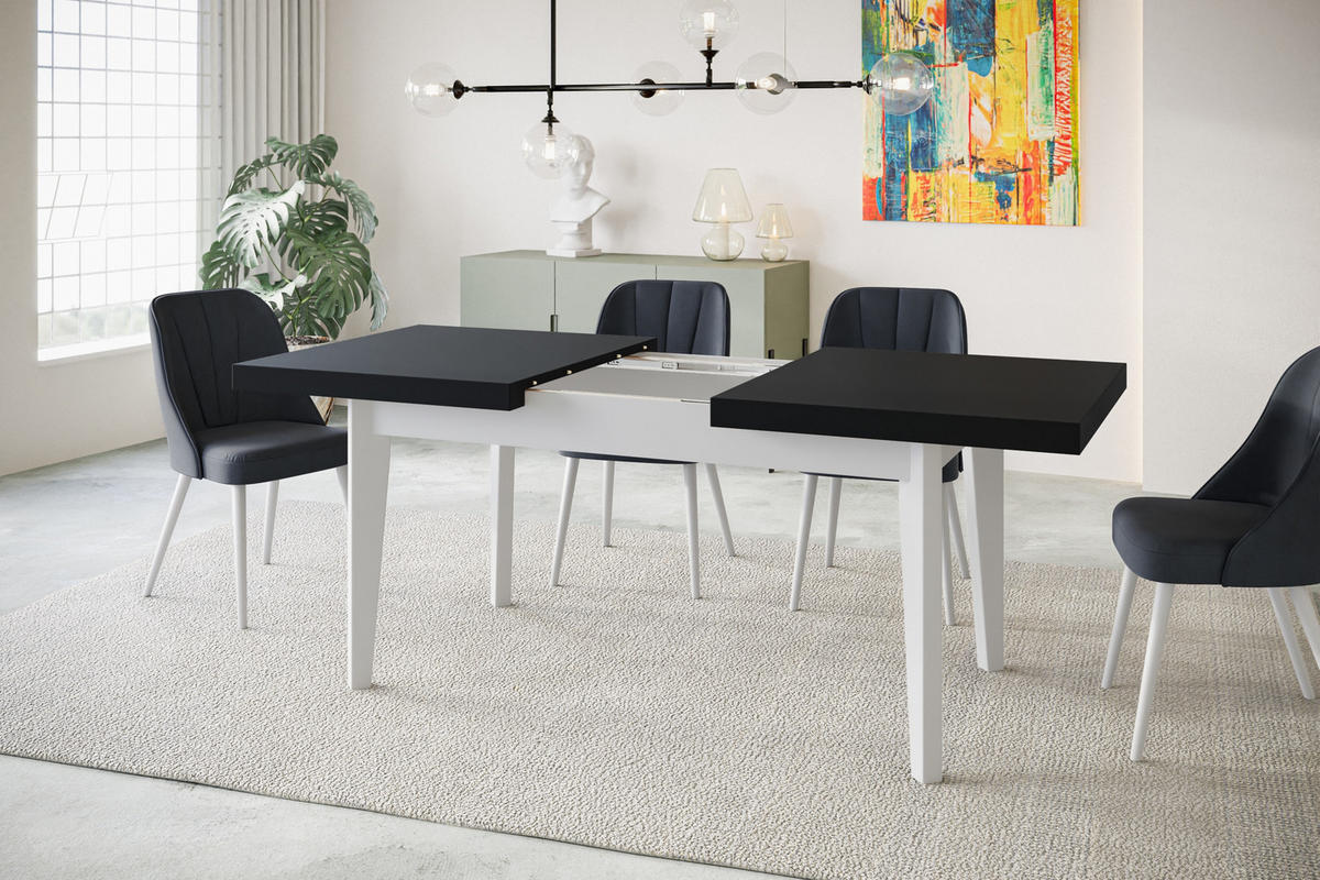 ESSZIMMERTISCH SKANDI, ausziehbarer Tisch: 140-180X80X78 cm, Farbe: Schwarz, mit Holzbeinen in Farbe Weiß - Schwarz/Weiß, Holzwerkstoff (140/80/78cm) - Alpi-Möbel
