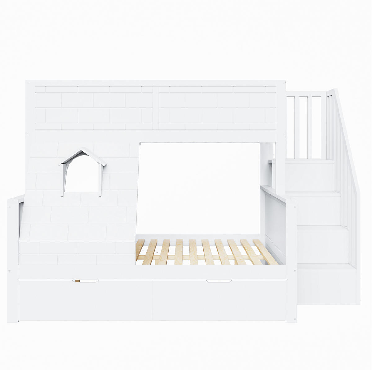ETAGENBETT 90/200 & 140/200 cm mit Stauraumtreppe, 2 Schubladen und Fenster, Weiß - Weiß, Holzwerkstoff (90/200cm) - Redom