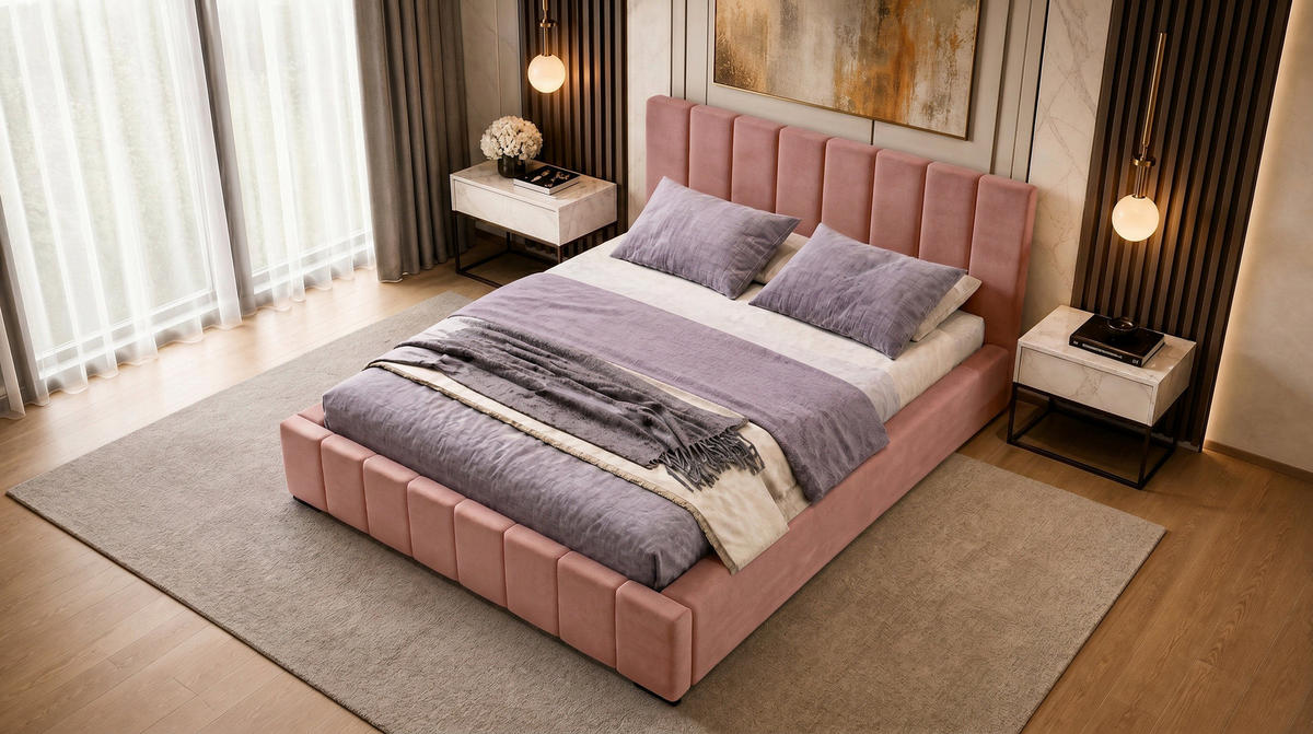 MARPUR Polsterbett NERO 180x200 cm mit Bettkasten und Lattenrost, Rosa - Chromfarben/Rosa, Holz/Holzwerkstoff (180/200cm) - Marpur
