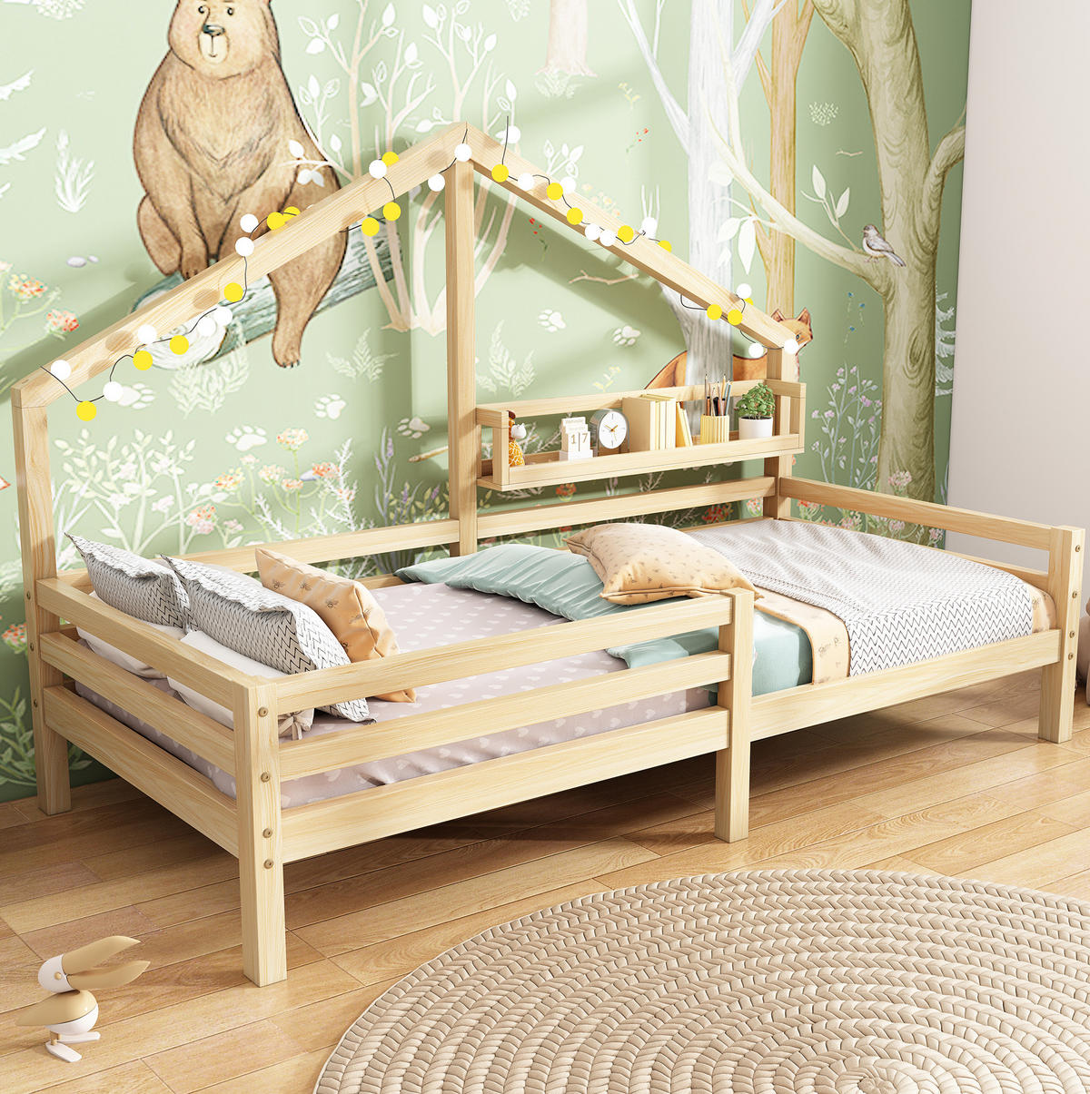 KINDERBETT 90/200 cm mit Bücherregal, Hausform aus Kiefernholz mit Schutzzaun, Natur - Naturfarben, Holzwerkstoff (90/200cm) - Redom