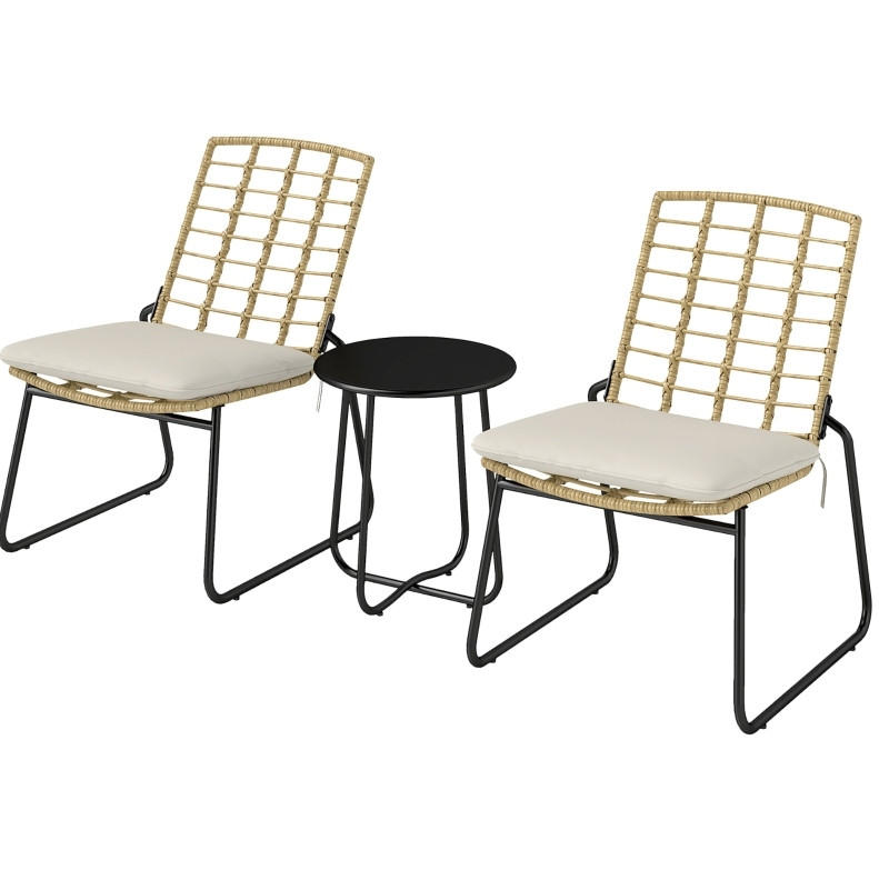 BALKONSET 3-teilig,40×40×46cm Polyrattan mit Kissen und Tisch - Beige, Naturmaterialien - Modfu