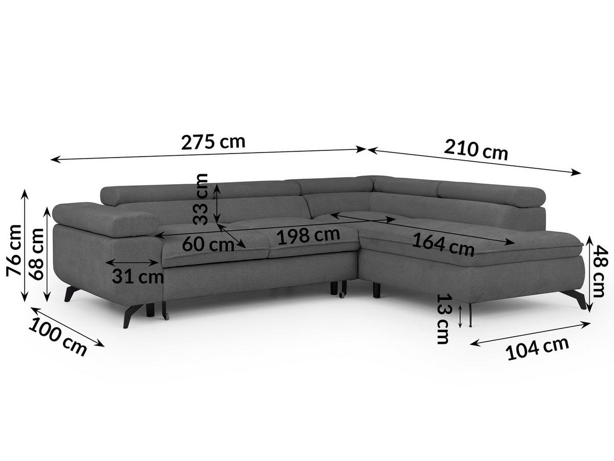 ECKSOFA mit Schlaffunktion und Bettkasten Bonnie aus Grau Chenille-Stoff mit verstellbaren Kopfstützen und Armlehne - Ottomane rechts - Schwarz/Grau, Holz/Textil (275/210cm) - S-Style Möbel