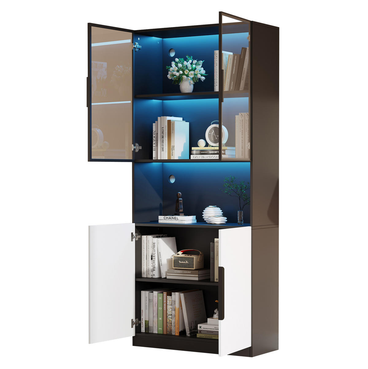 VITRINE 80/30/200 cm in Weiß mit Glastüren und LED-Beleuchtung - Weiß, Holzwerkstoff (80/200/30cm) - Flora Grace