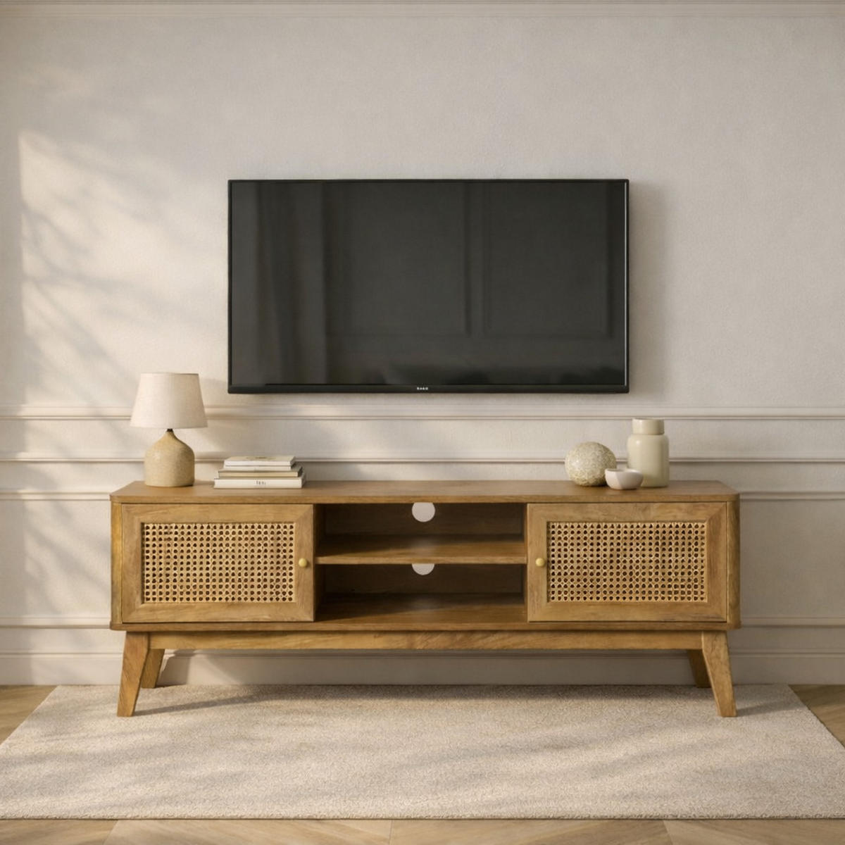 TV-MÖBEL 2 türen mit rattan-geflecht palmo 39/49/140 cm - Eschefarben, Holzwerkstoff (140/49/11cm) - Calicosy