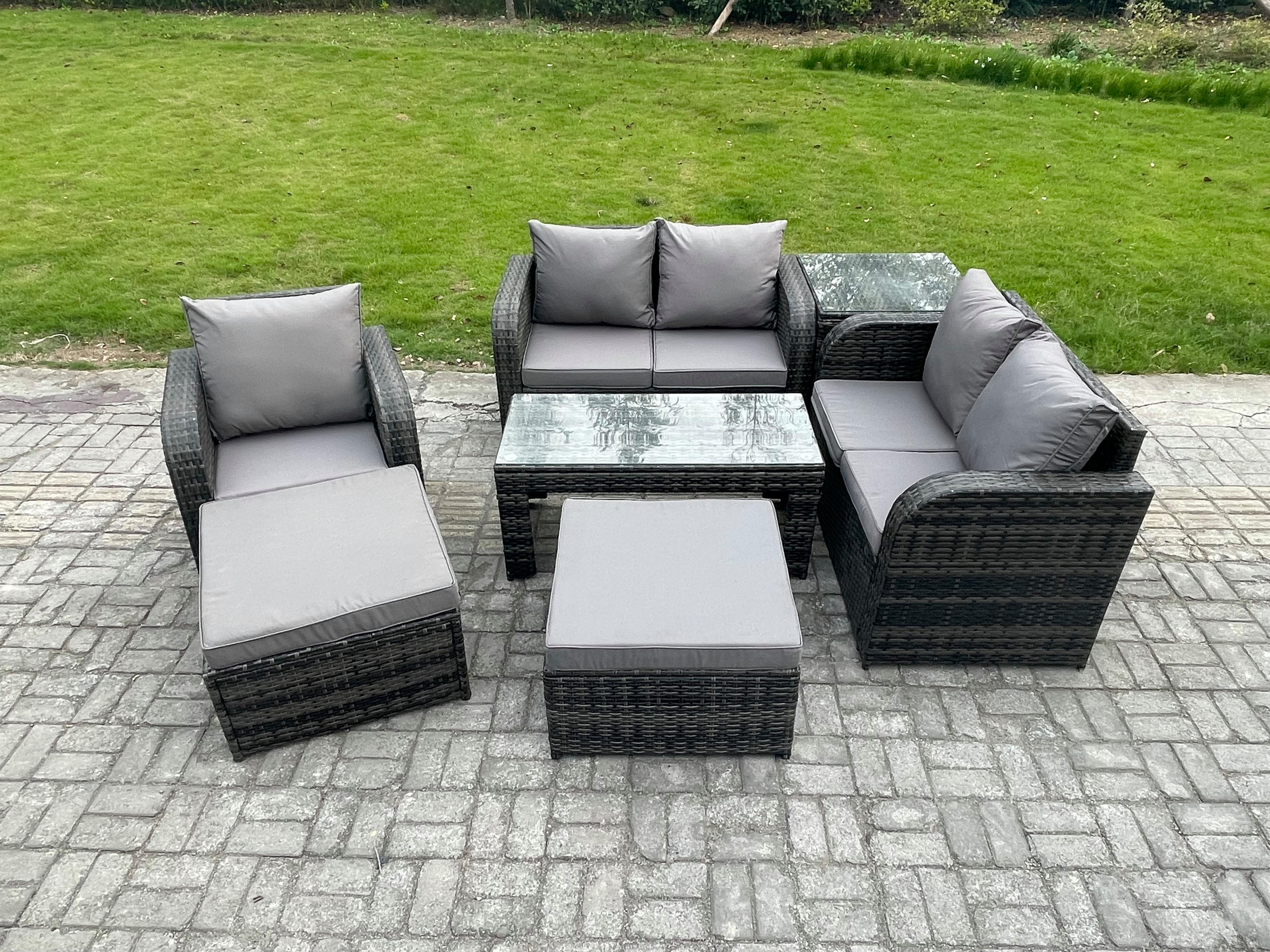 GARTENSOFA SET mit rechteckigem COUCHTISCH Polyrattan 7-Sitzer Dunkelgrau - Dunkelgrau/Grau, Glas/Kunststoff - Fimous