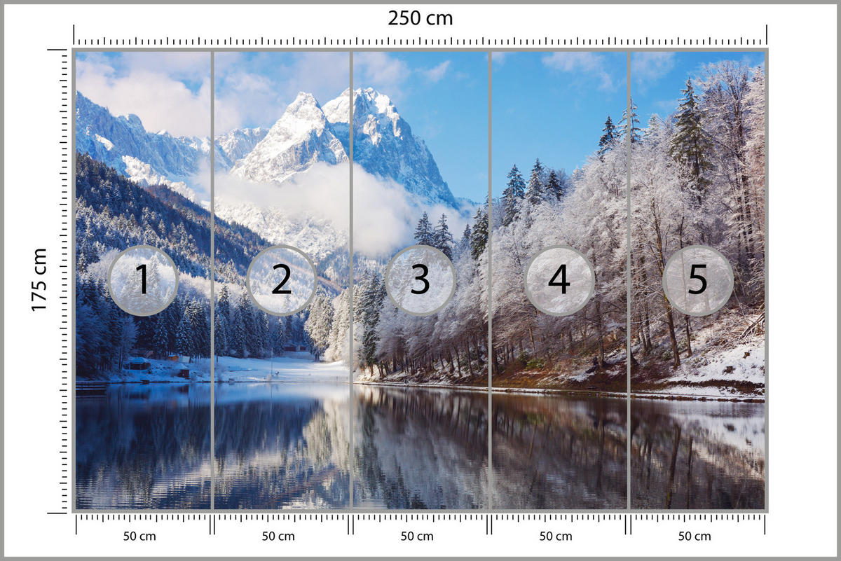 FOTOTAPETE für Wohnzimmer Winterberglandschaft See Nadelwald Schnee 250x175 - Blau/Braun, Papier (250/175cm) - Muralo