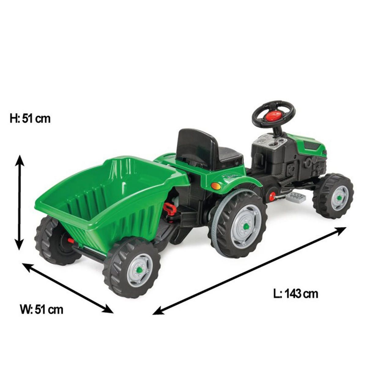 KINDERTRAKTOR Active 07316 grün Anhänger, Pedale, 6-fach verstellbarer Sitz, Rückwärtsfahrt, 50 kg - Schwarz, Kunststoff (143/51/51cm) - Pilsan