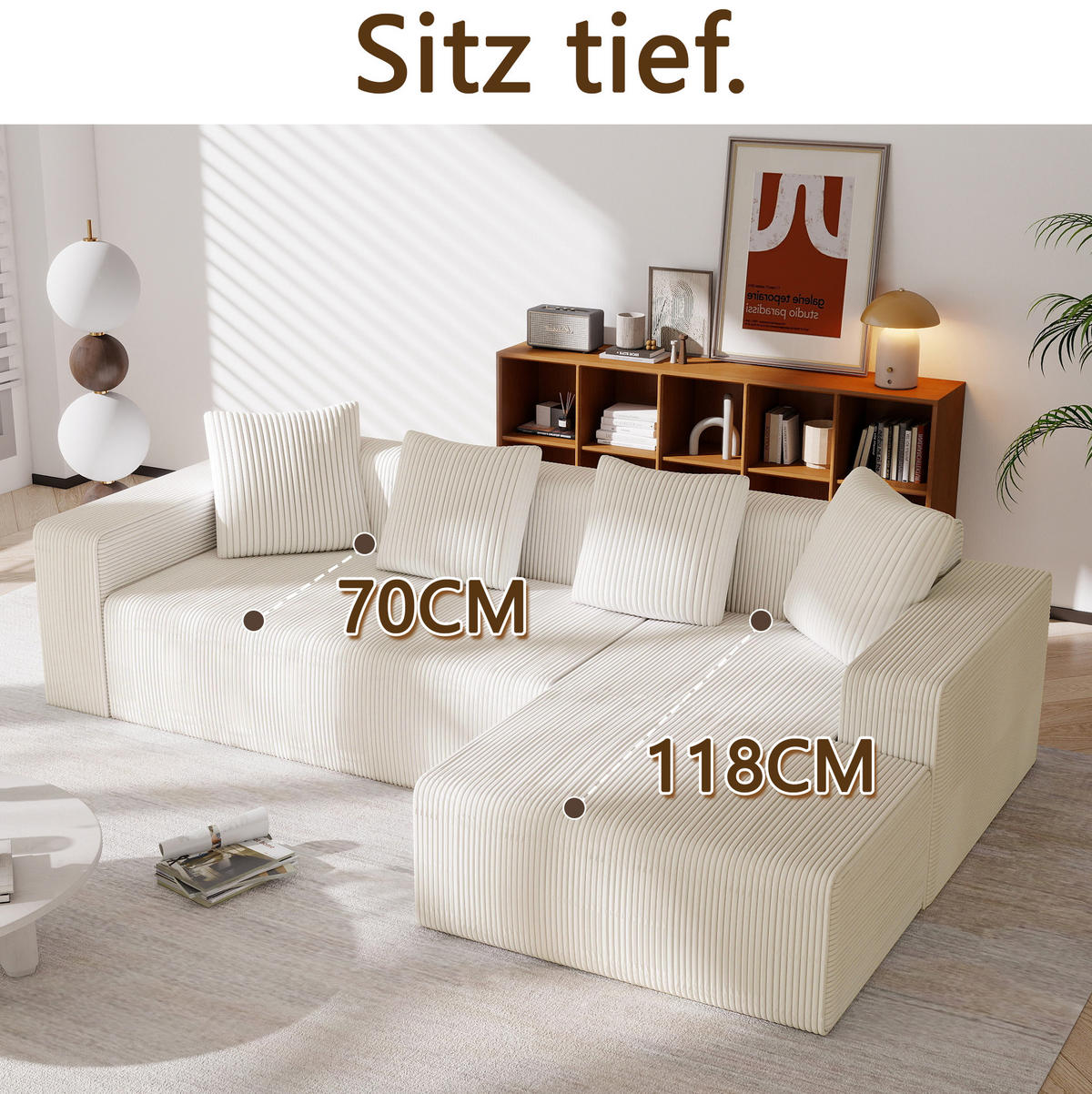 ECKSOFA 261/146/65 cm weiß aus Cord modular mit Longchair - Weiß, Textil (146/261cm) - OKWISH