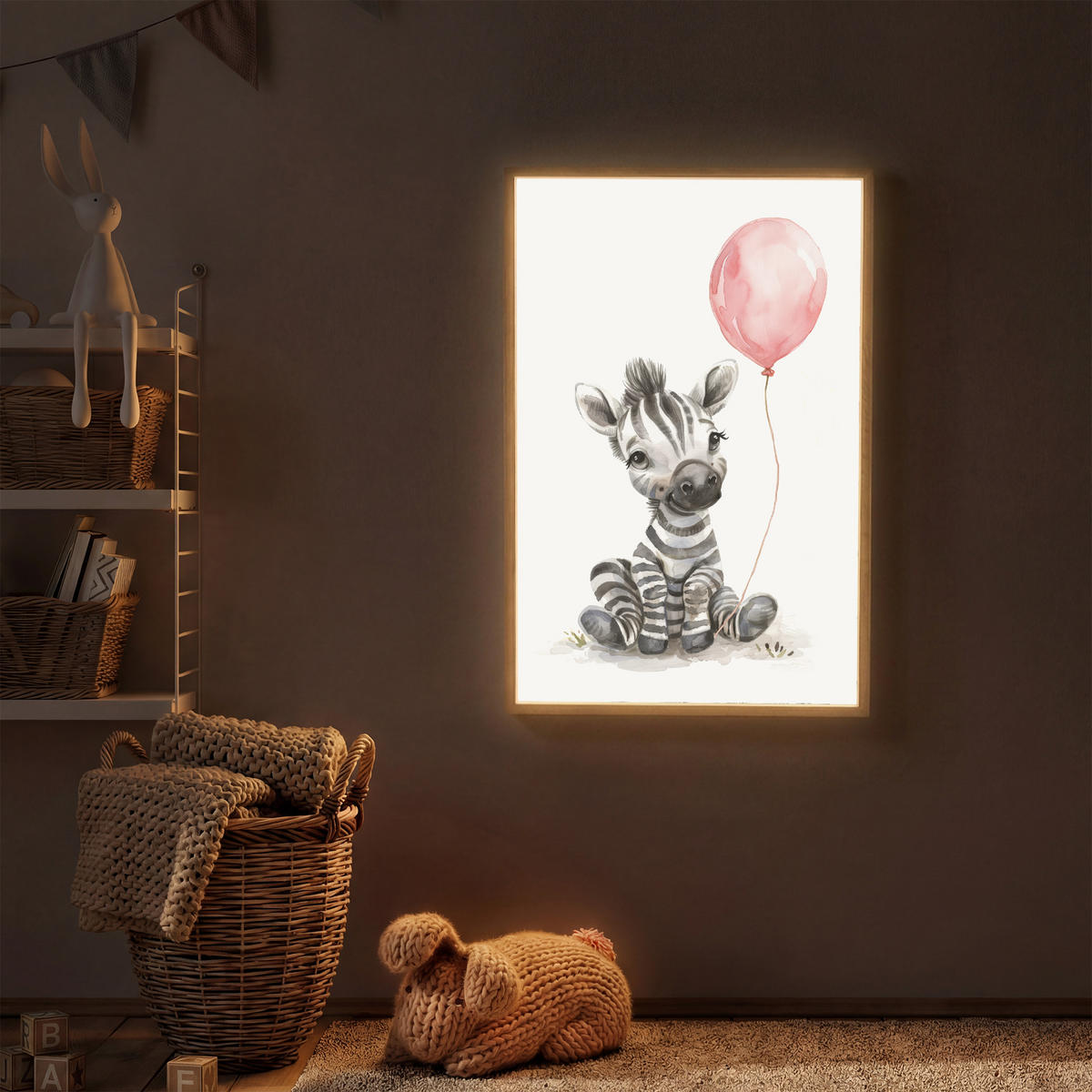NACHTTISCHLAMPE MIT AKKU Zebra - Baby - Tiere - Rosa Luftballon 70x100 cm - Weiß, Holzwerkstoff (8/70/100cm) - OnlyWow