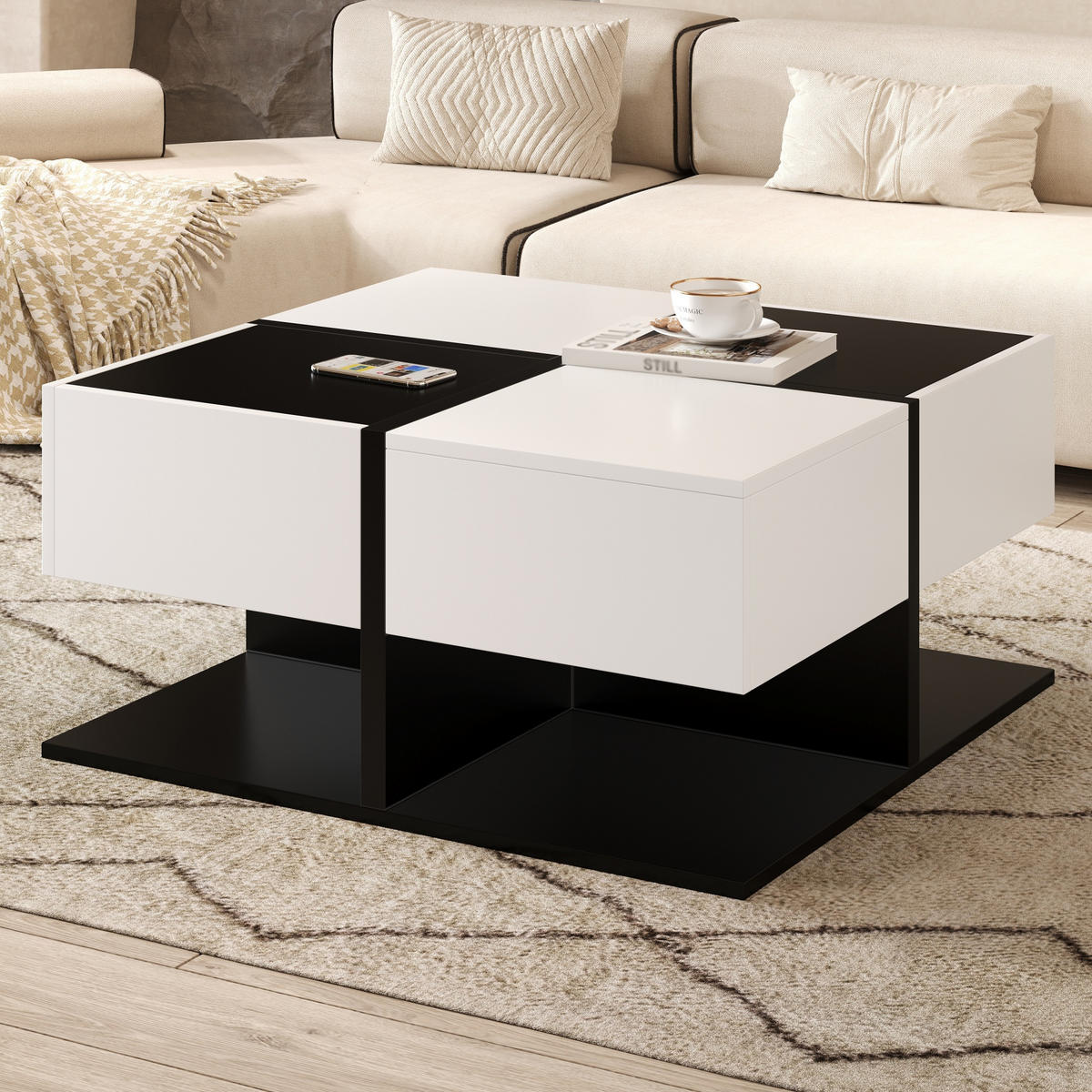 COUCHTISCH 70cm Schwarz Weiß 2 Schubladen Hochglanz modern - Multicolor, Holzwerkstoff (70/70/35.5cm) - FLIEKS