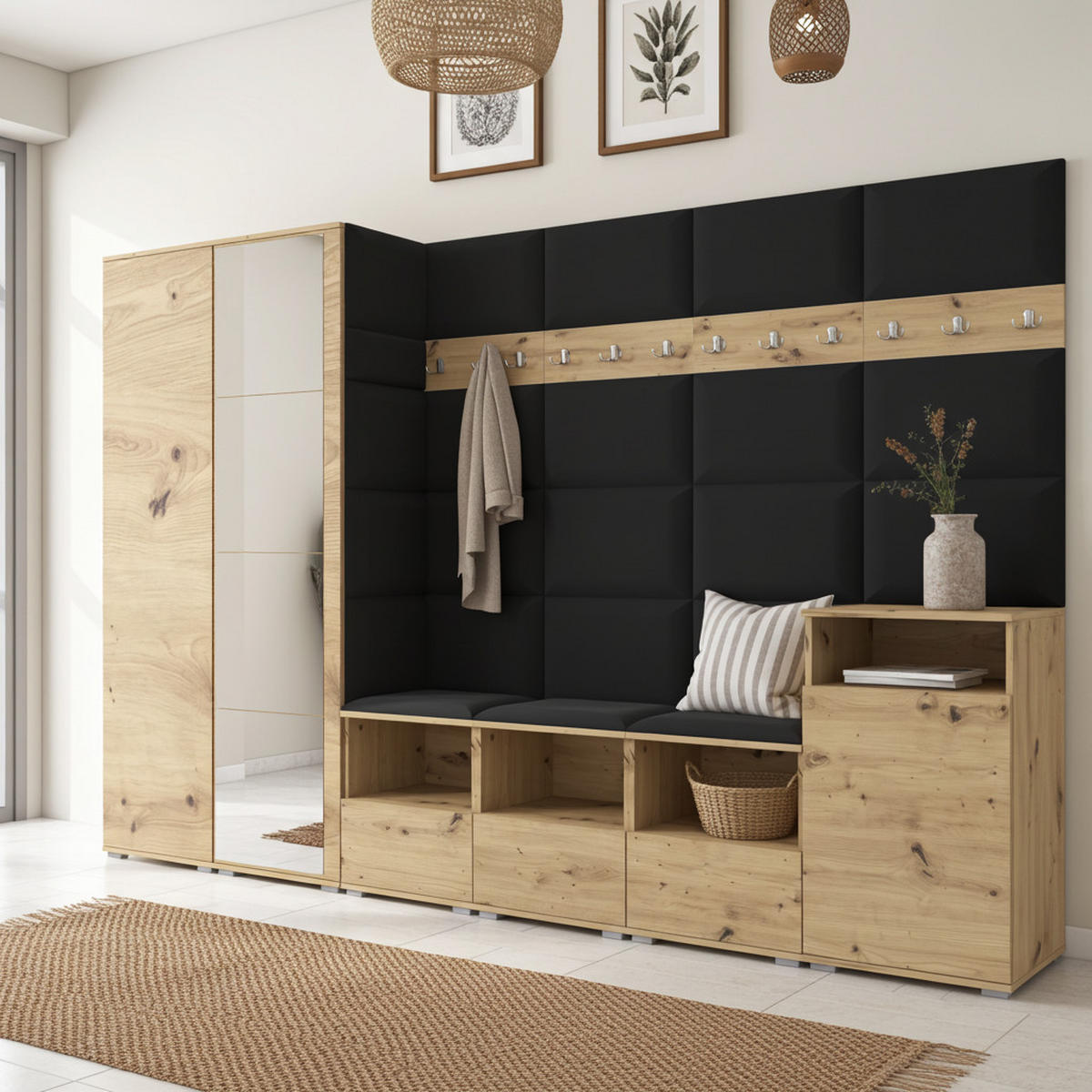 GARDEROBE NELA XII 300 cm (Modulare Flurmöbel Artisan Eiche mit Spiegel & Sitzpolster Schwarz 16 Gigantisches Set) - Silberfarben/Schwarz, Holz/Holzwerkstoff (300/187/40cm) - Ravio