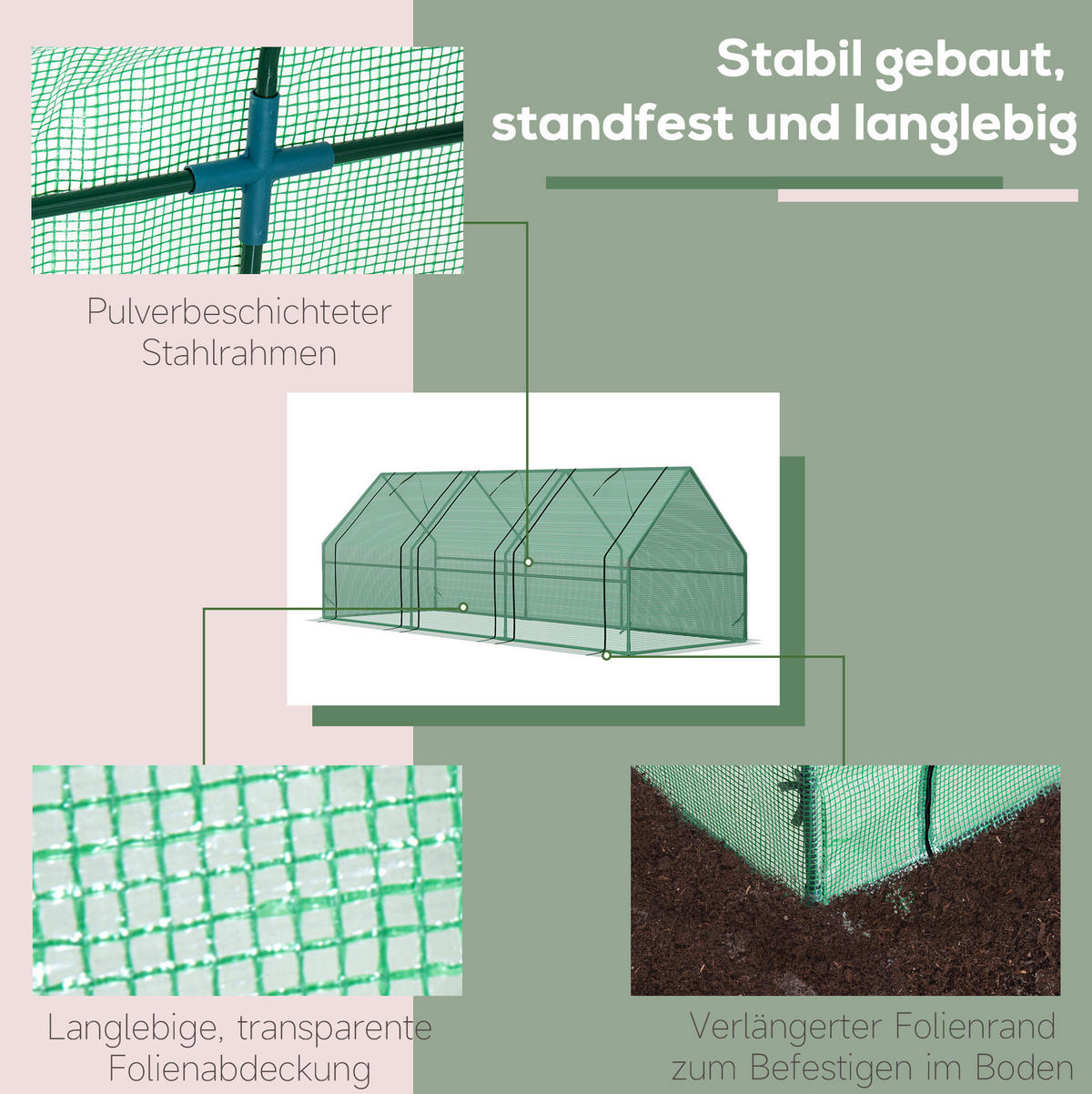 GEWÄCHSHAUS aus Stahl 270x90x90 cm in Grün mit PE-Folie - Grün, Metall (90/90/270cm) - Modfu