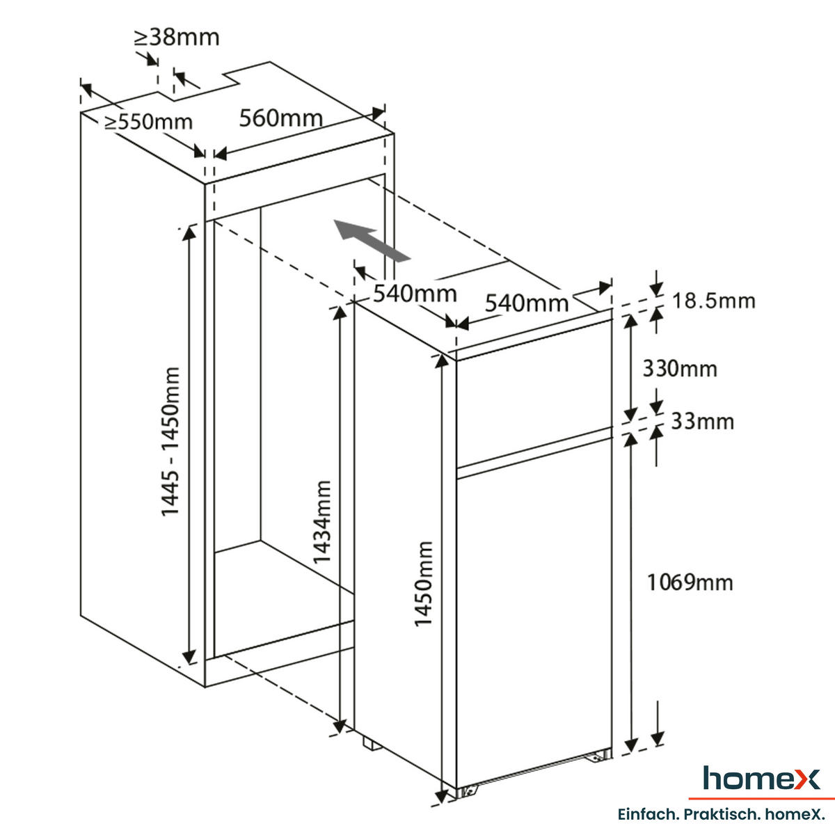 KÜHL-GEFRIER-KOMBINATION Einbau, 145cm Nische, 205 Liter, Schlepptürtechnik, Einbaukühlschrank mit Gefrierfach, CFB2051E - Weiß, Glas/Kunststoff (54/145/54cm) - homeX