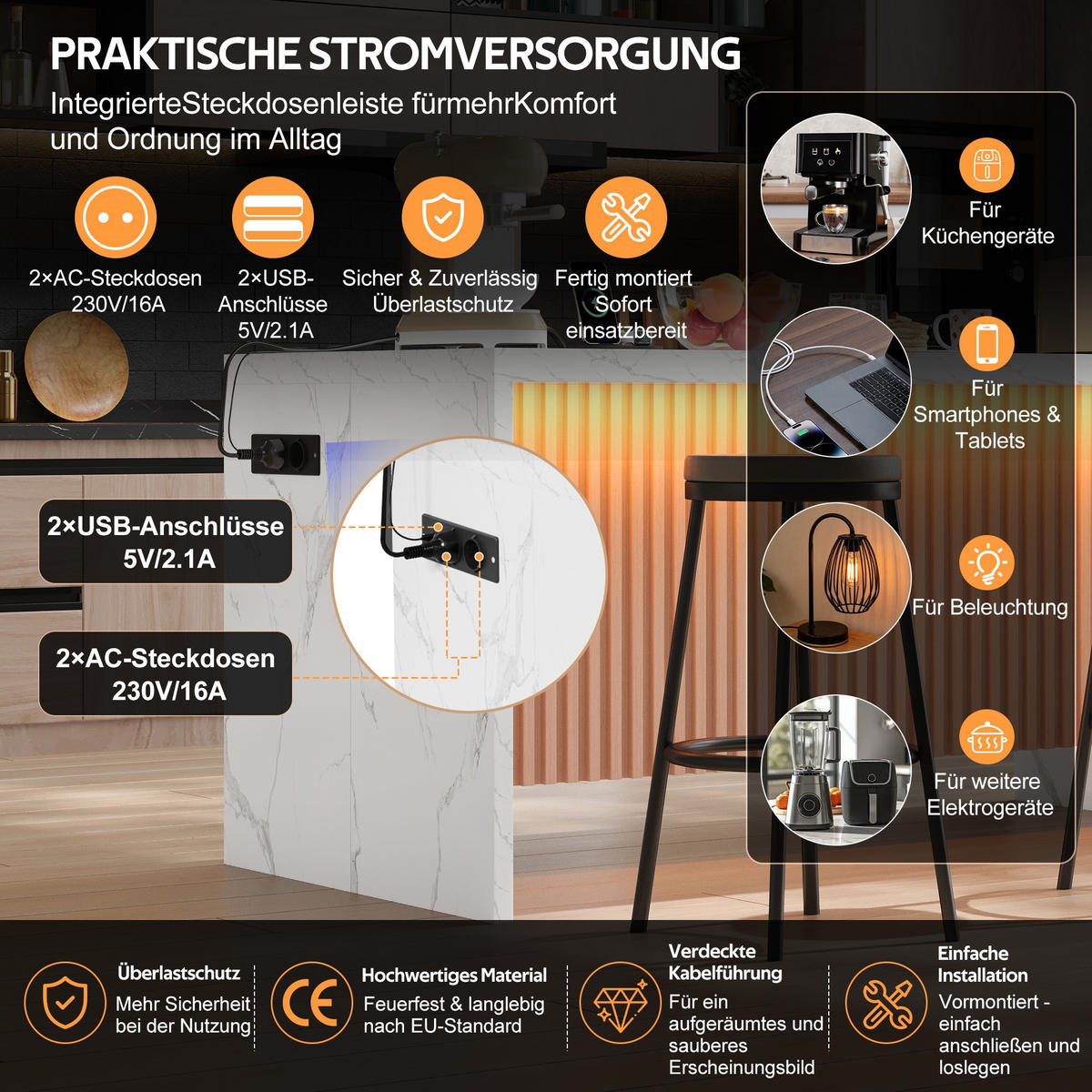 KÜCHENINSEL 155/80/90 cm Weiß mit LED-Leuchten, 2 Steckdosen und 2 USB-Anschlüsse - Weiß, Holz/Holzwerkstoff (80/90/155cm) - Oxeza