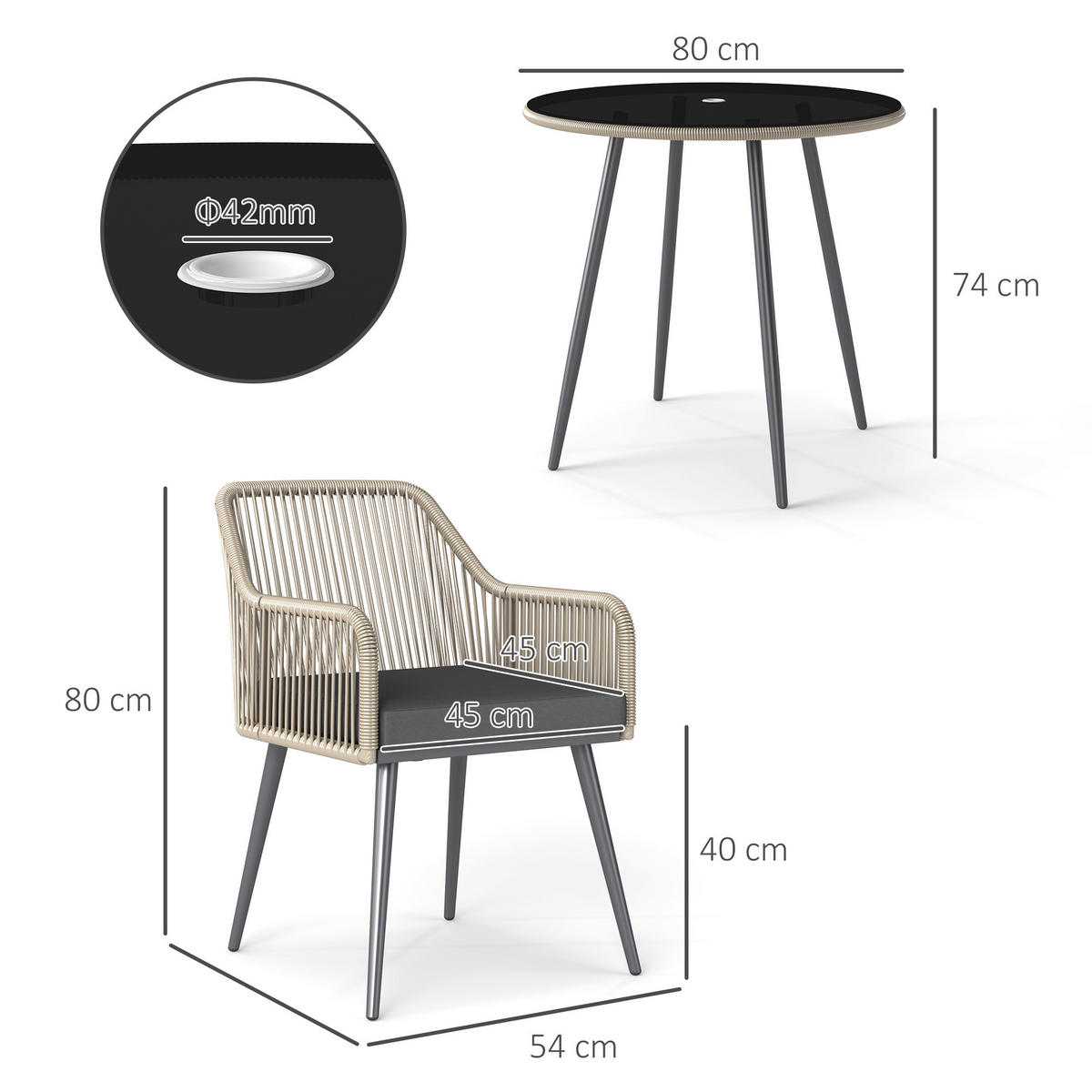 GARTENSET DE-13607 5-teilig mit Glastisch & Kissen Braun - Braun, Metall - ComfortXL
