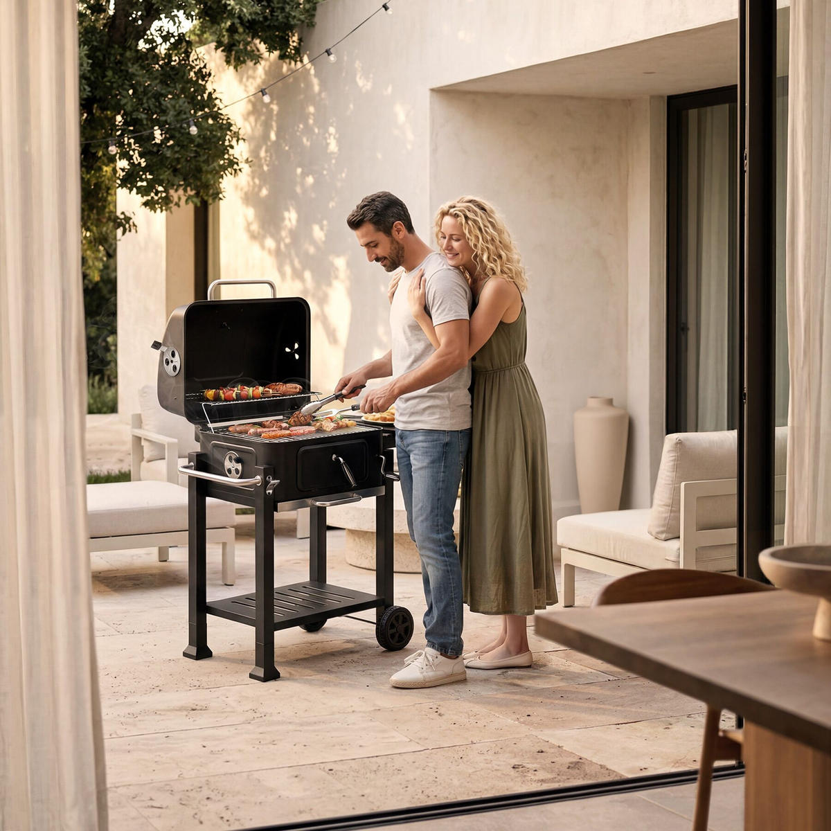 HOLZKOHLEGRILL Florian, 110 x 64 x 104 cm, untere Gitterablage, schwarz - Schwarz, Metall (110/104/64cm) - tectake
