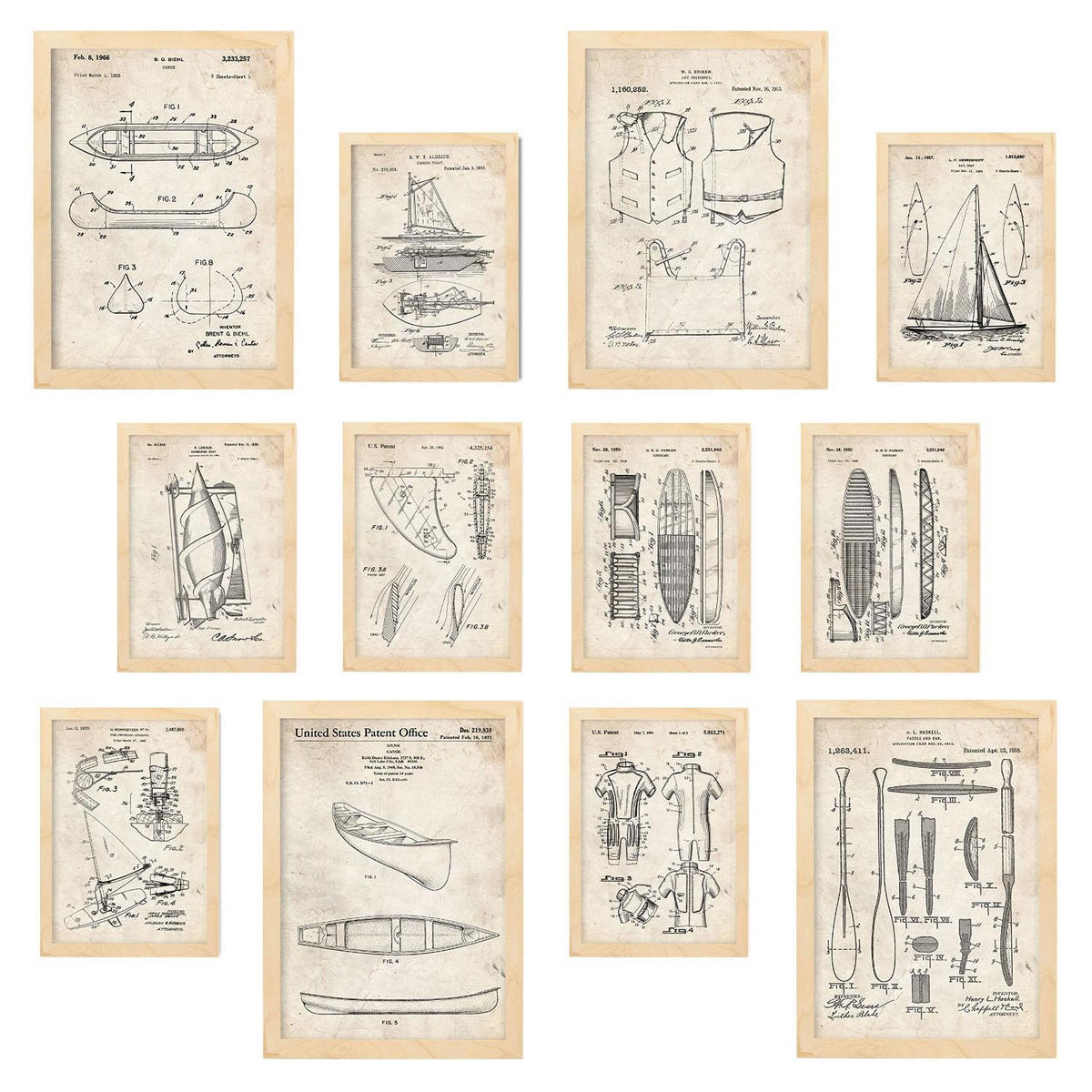 POSTER Set Mit 12 Boot- Und Surfpattentdrucken A3 Rahmen Aus Hellem Holz - Beige, Papier (29.7/5/42cm) - Nacnic