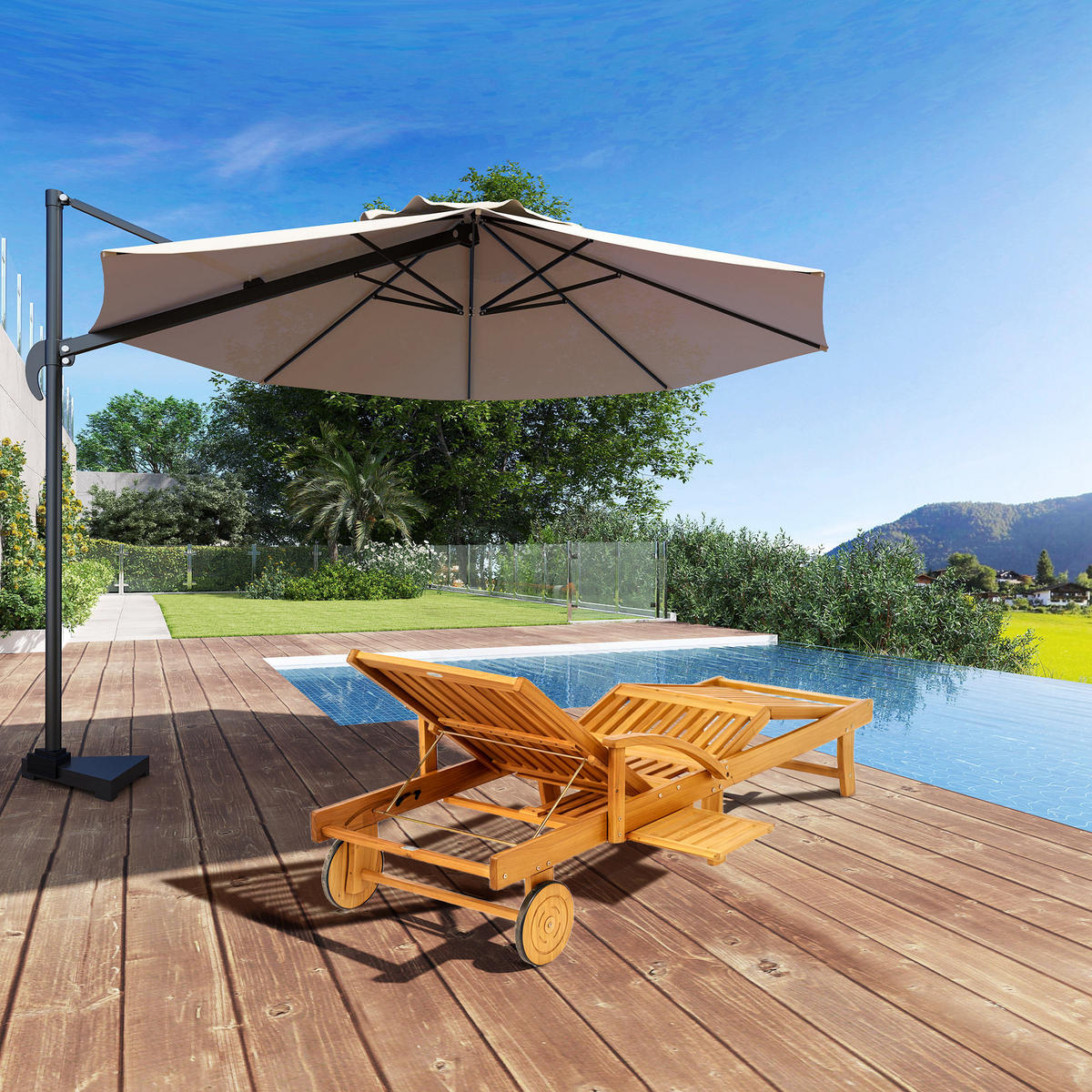 SONNENLIEGE Holz klappbar Gartenliege mit Seitentisch, Rolle, 4-Fach verstellbare Rückenlehne Teak - Teakfarben, Holz (165/85/69cm)