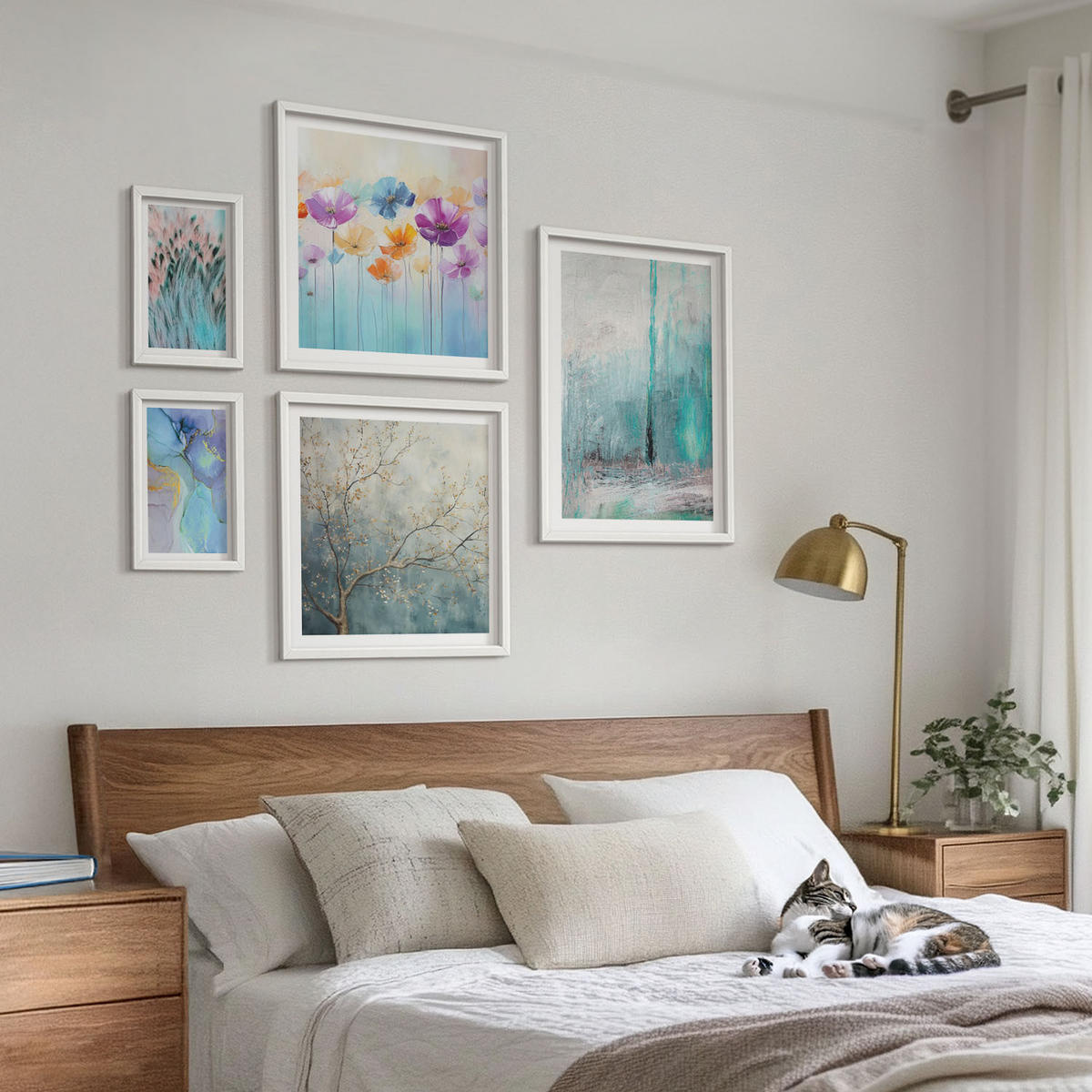 WANDBILDER 5er-Set - 50x50 cm & 20x30 cm & 40x60 cm Weißer Rahmen - Leuchtturm, Landschaft, Mädchen, Pferd - Weiß, Kunststoff (40/60cm) - ArtPrintCave
