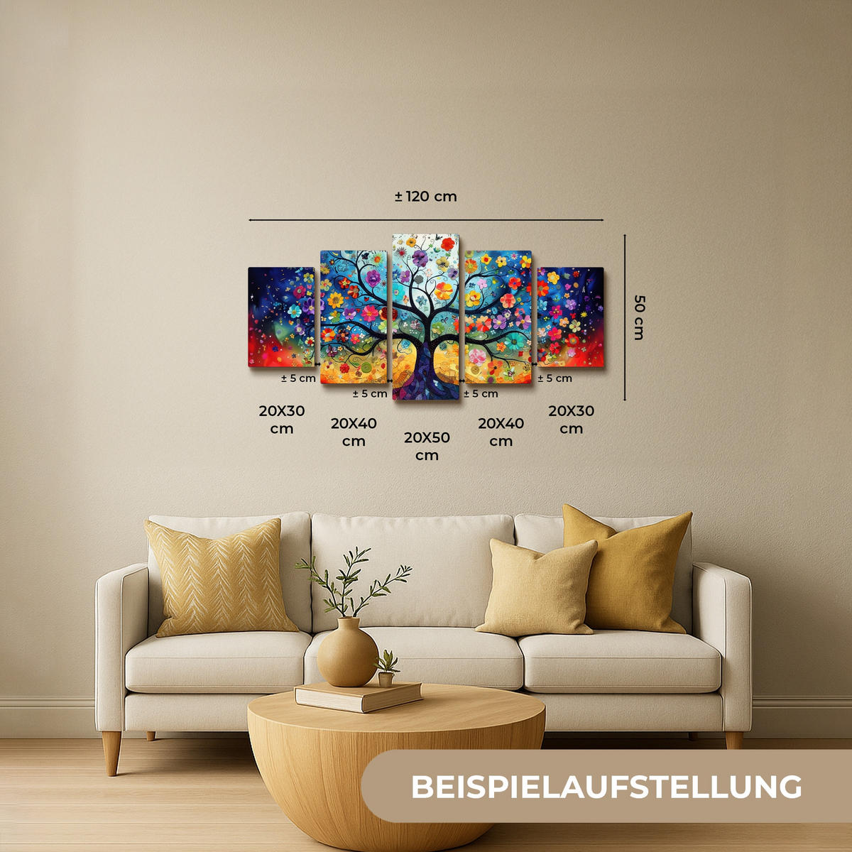 LEINWANDBILD 5er Set Bunt - Baum des Lebens - Blumen - Abstrakt 100x50 cm - Blau, Textil (100/50cm) - MuchoWow