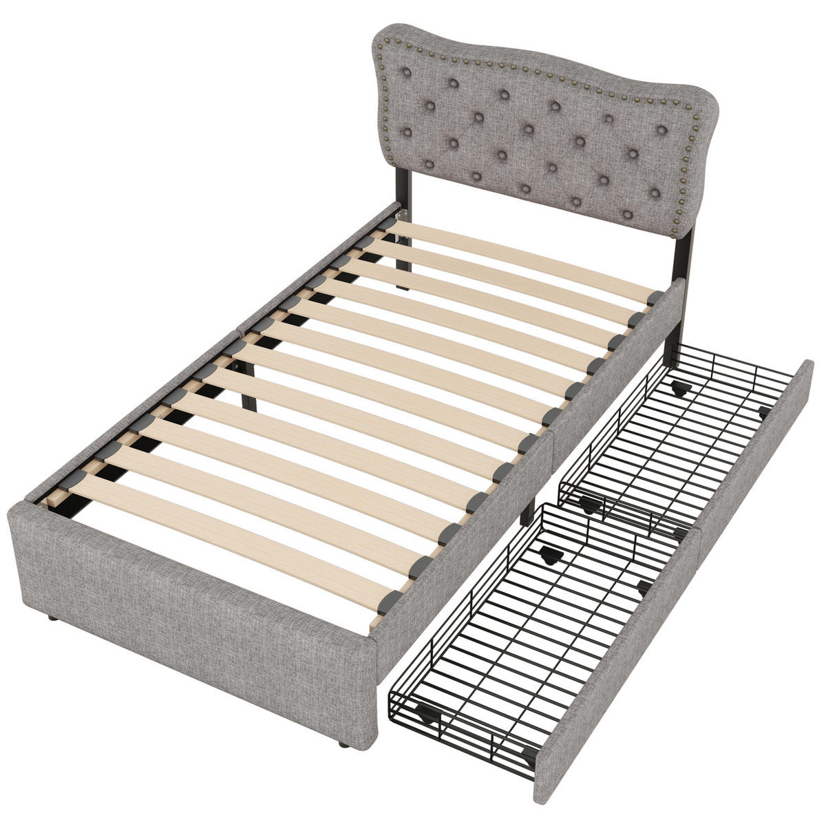 POLSTERBETT 90/200 cm grau mit Aufbewahrung und verstellbarem Nachttisch - Grau, Textil (90/200cm) - OKWISH