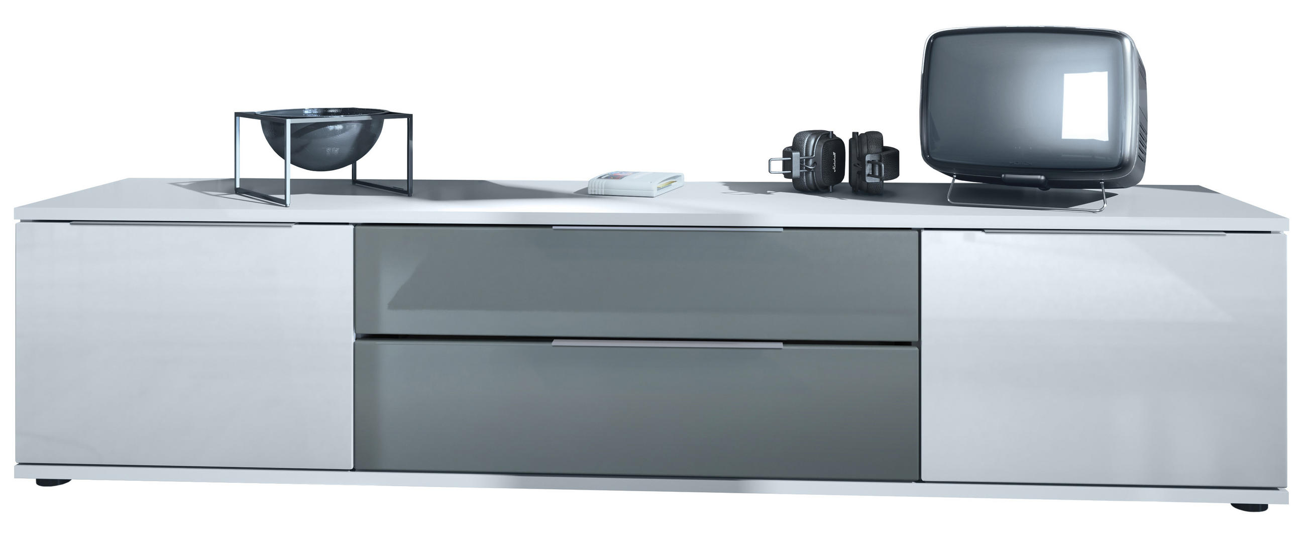 LOWBOARD Linio Grau Hochglanz - Weiß Hochglanz/Grau, Holzwerkstoff (166.5/37.5/35cm) - Vladon