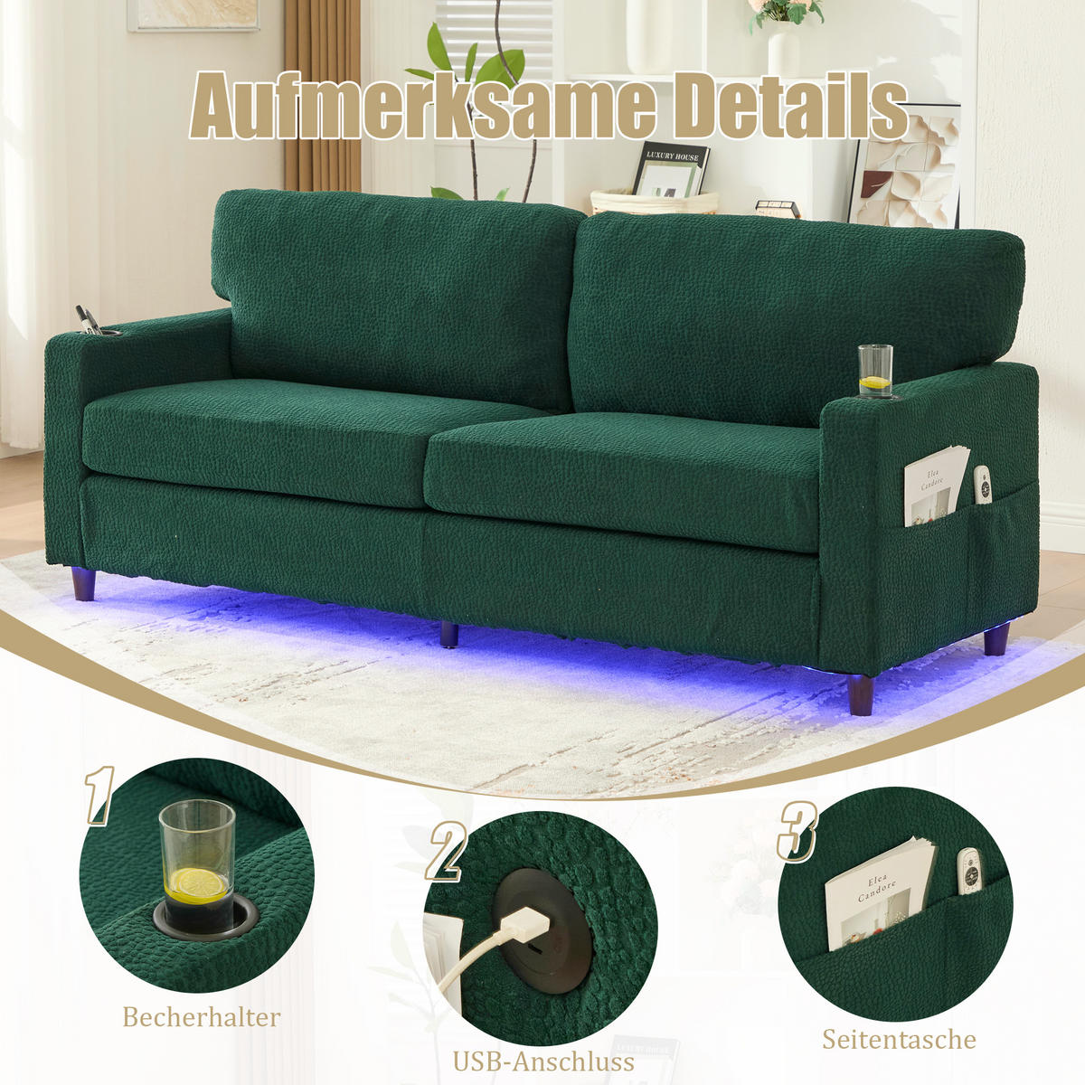 ZWEISITZER Sofa Chenille mit USB-Anschluss LED und Getränkehaltern 203/77,5/86 cm Smaragdgrün - Smaragdgrün, Textil (77.5/86/203cm) - Redom