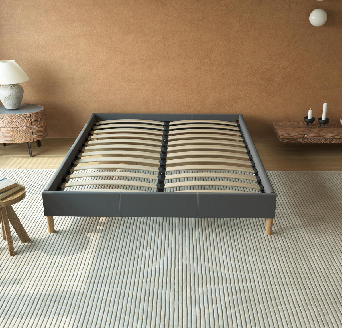 BETT aus grauem Stoff 180x200cm - Grau, Naturmaterialien/Holz (180/200cm) - November Sleep