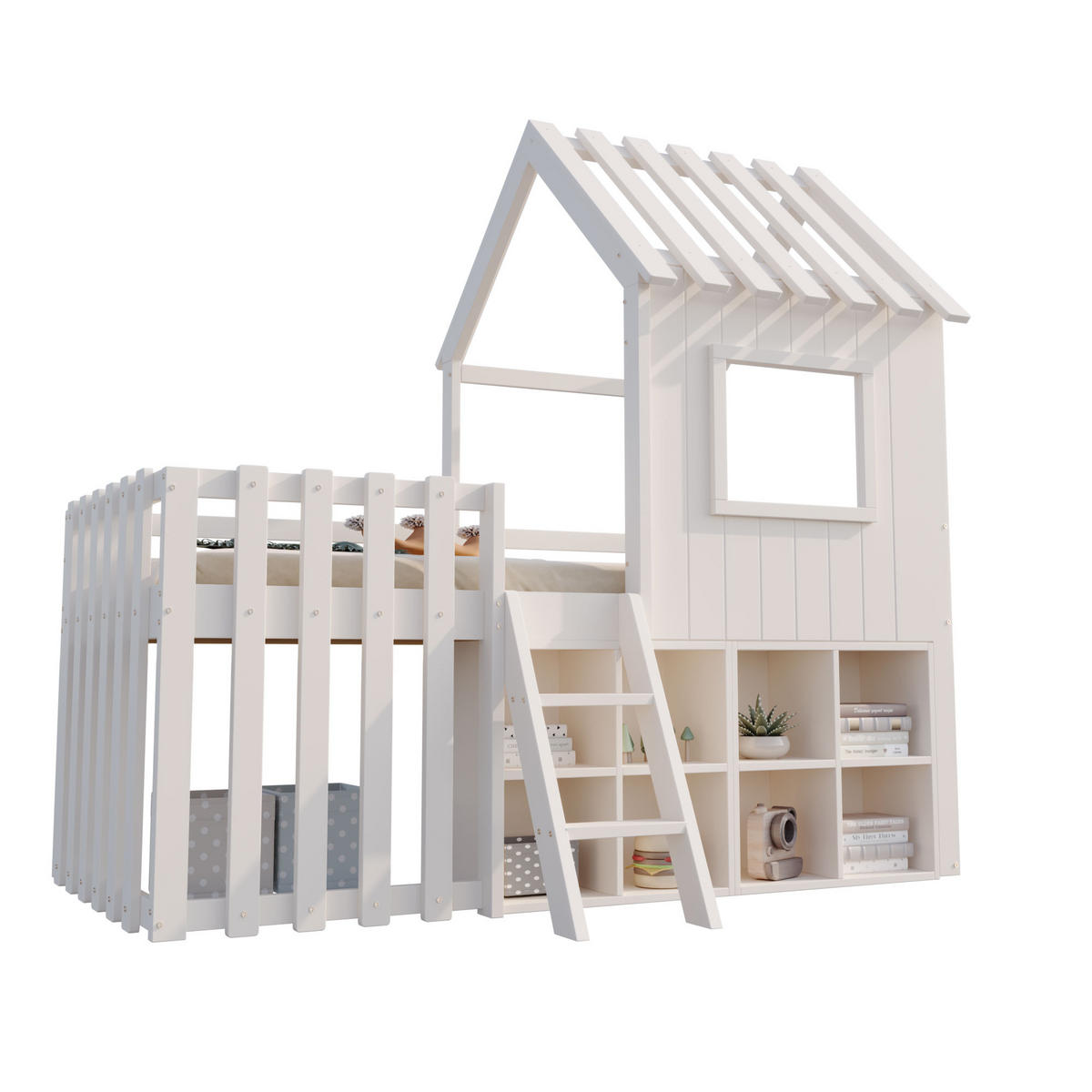 HAUSBETT 90/200 cm Weiß mit Dach und Fenster, Massivholz und offenem Stauraum - Weiß, Holz (90/200cm) - OKWISH